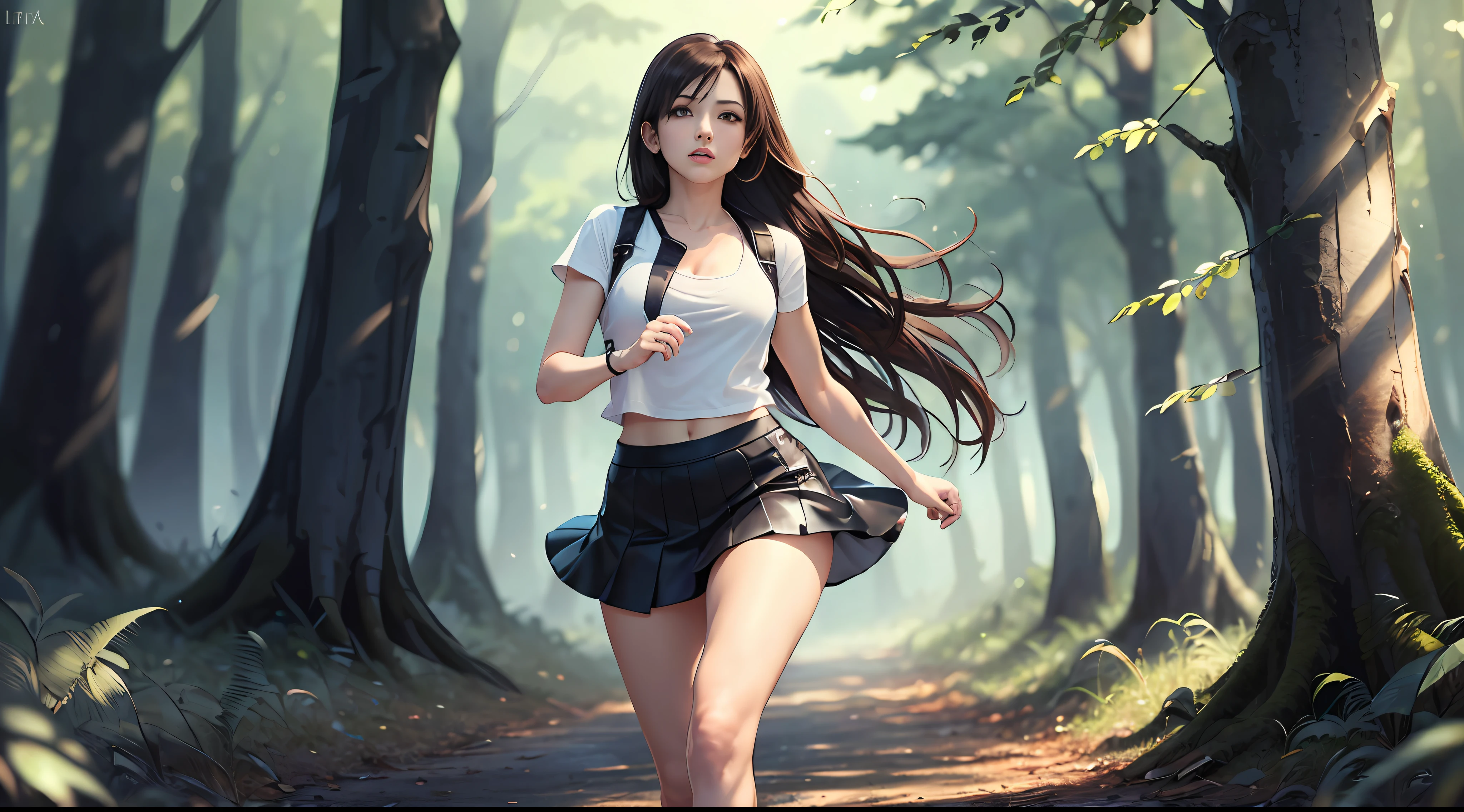 (Masterpiece, Best quality) 1.5, 1girll, Solo, (Sexy, Beautiful woman, Perfect face, Perfect eyes), Tifa Lockhart, Black skirt, Gilet blanc, black sneaker shoes, Running in the woods, (Reddish brown eyes, Black hair, Loose hair, Long hair)