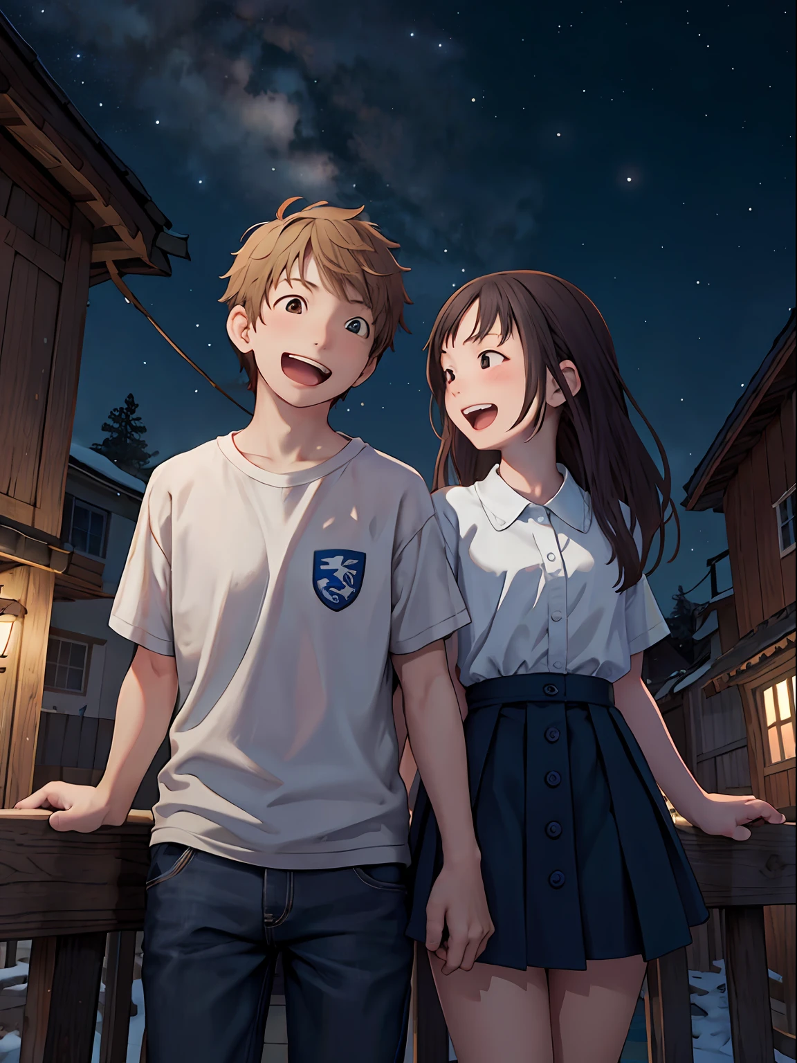 masterpiece, top-quality, Teenage couple, nigh sky, The upper part of the body, Laughing