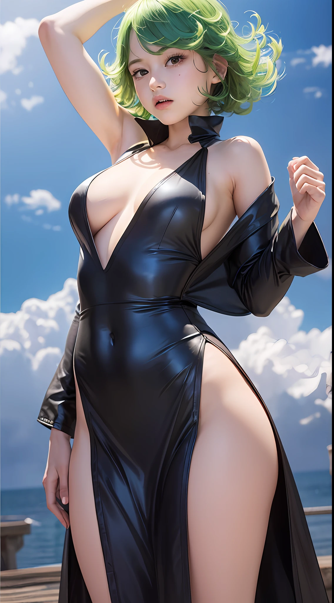 high art, (masterpiece, best quality:1.2), solo, 1girl, , young girl, flat chest, huge ass, tatsumaki, unamused, closed mouth, looking at viewer, green medium hair, baby face, cute face, black slit dress, pelvic curtain dress, blue sky background, huge ass