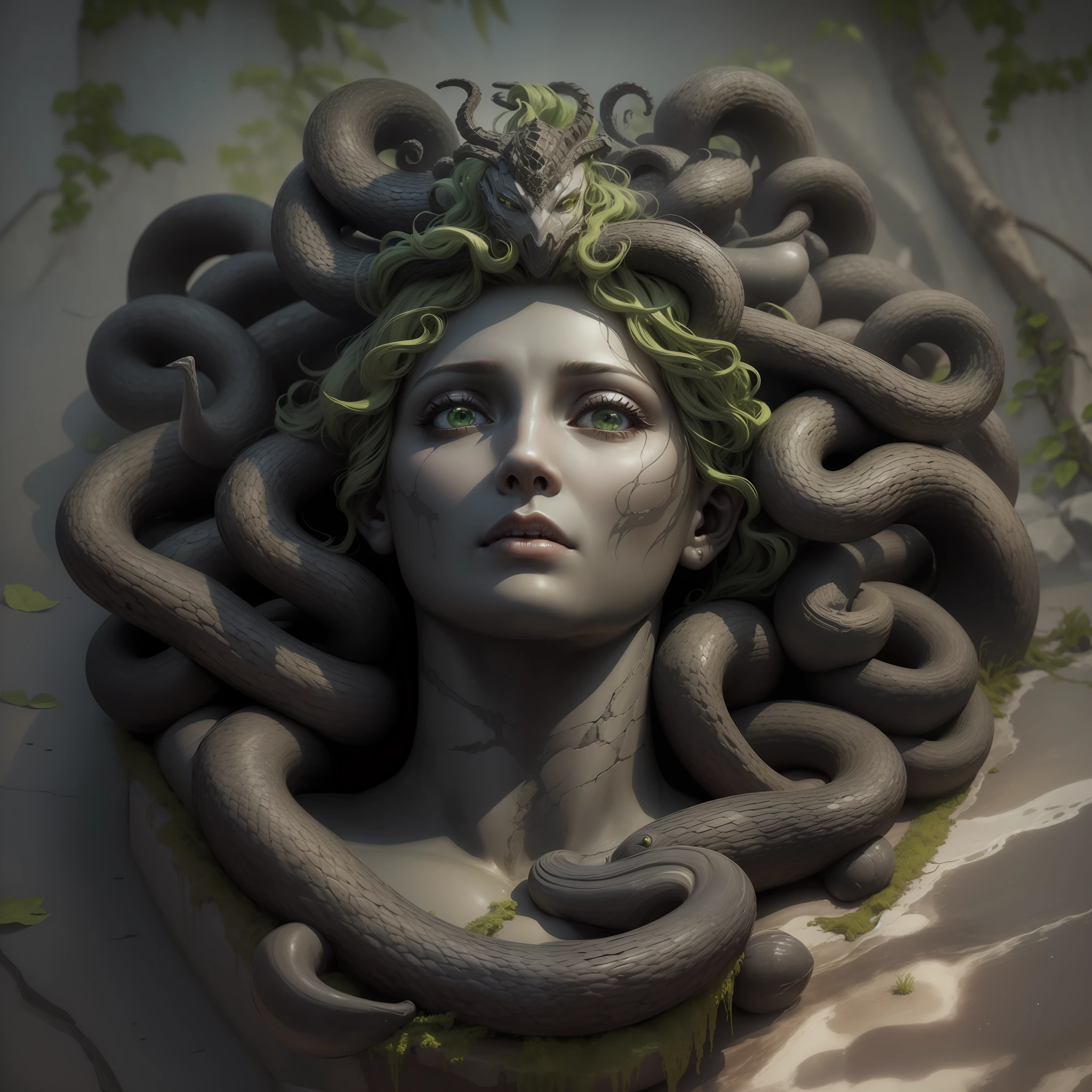 (extremely high-resolution), (qualidade de obra-prima), escultura escura e detalhada, (Medusa: 1.3, Gorgona: 1.2), cobras, olhos verdes, dentes afiados, escamas, (sombra e luz), THREATENING, sinistra, belissima, sensual, dinamic angle
