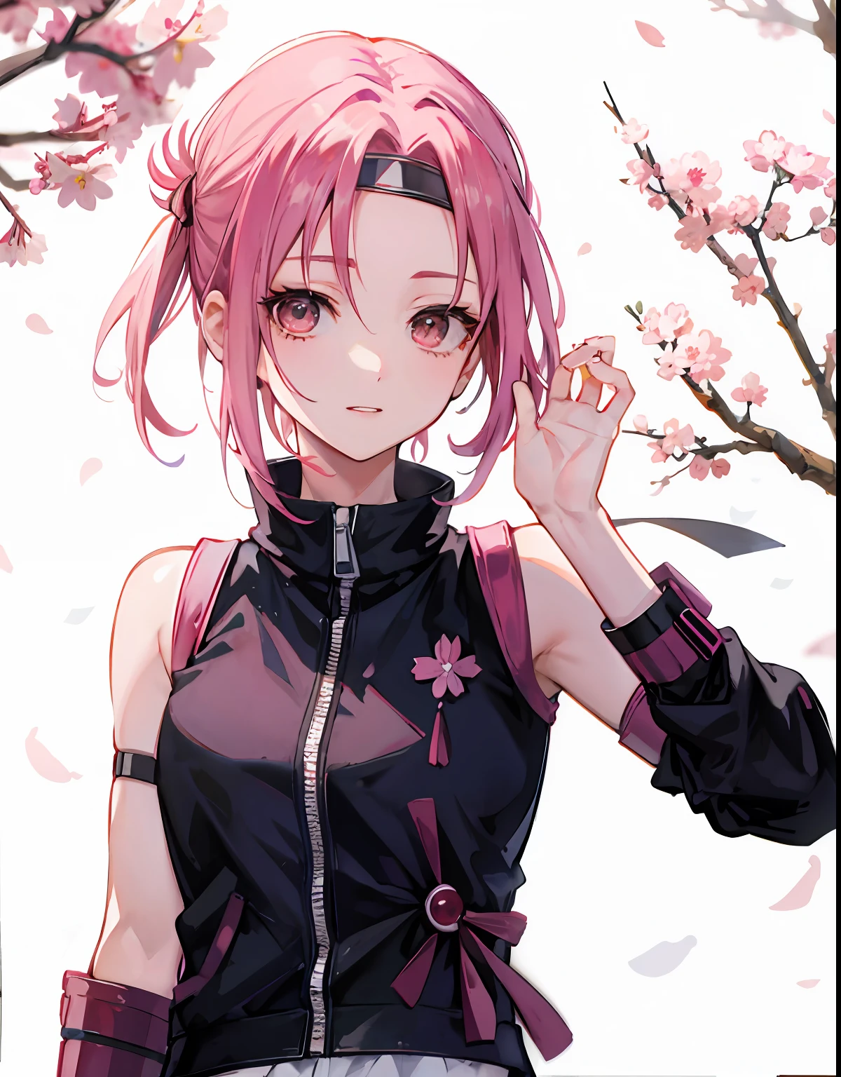Anime girl with pink hair and black jacket standing in front of a tree ...