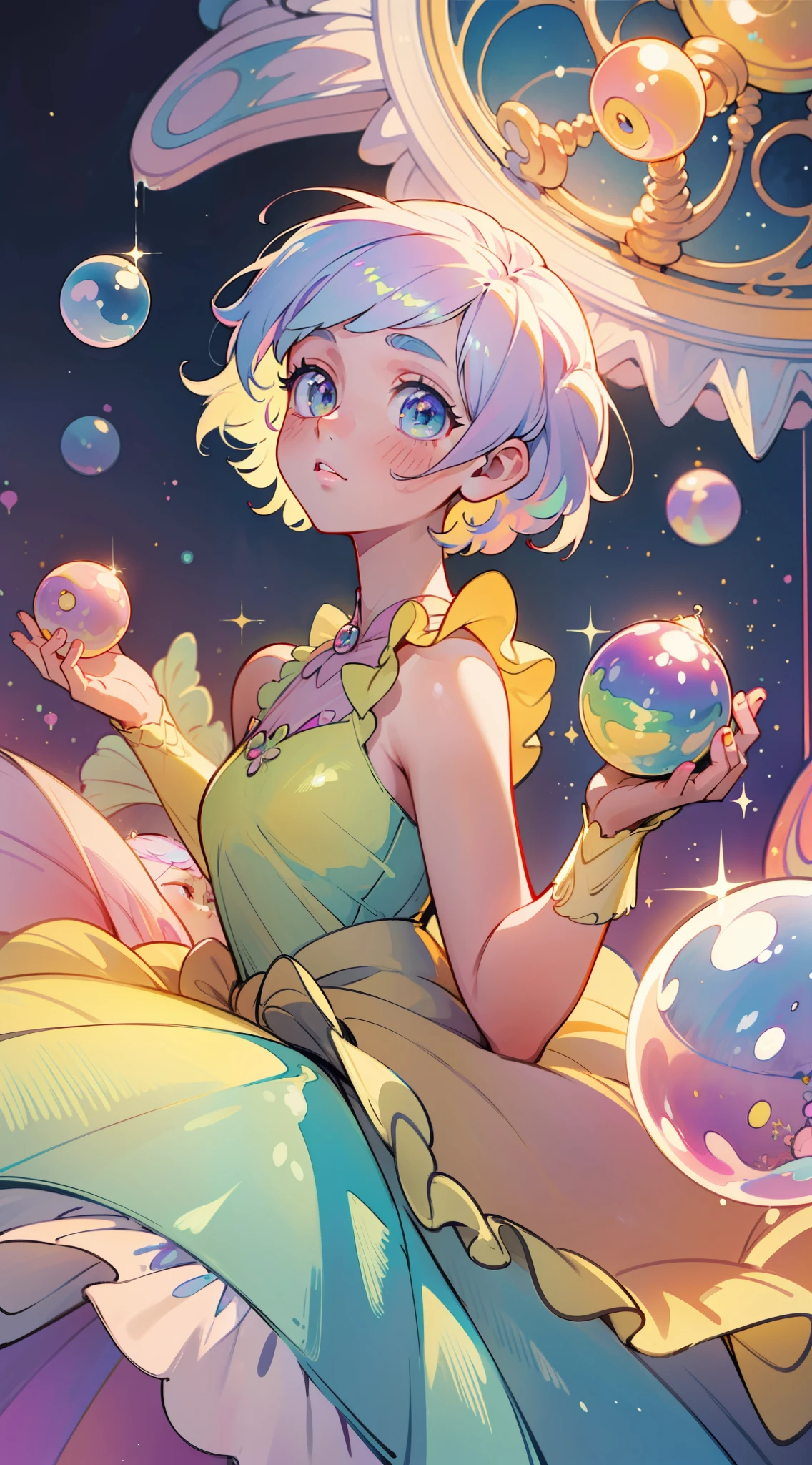 masterpiece, best quality, 8k resolution, sharp focus, intricate detail, beautiful girl, sparkling eyes, golden ratio face, otherworldly liquid, watercolor, ((pastel colors)), bright colors, whimsical, colorful, sharp focus, high resolution, fine detail, ((layered ballgown)), iridescent bubbles