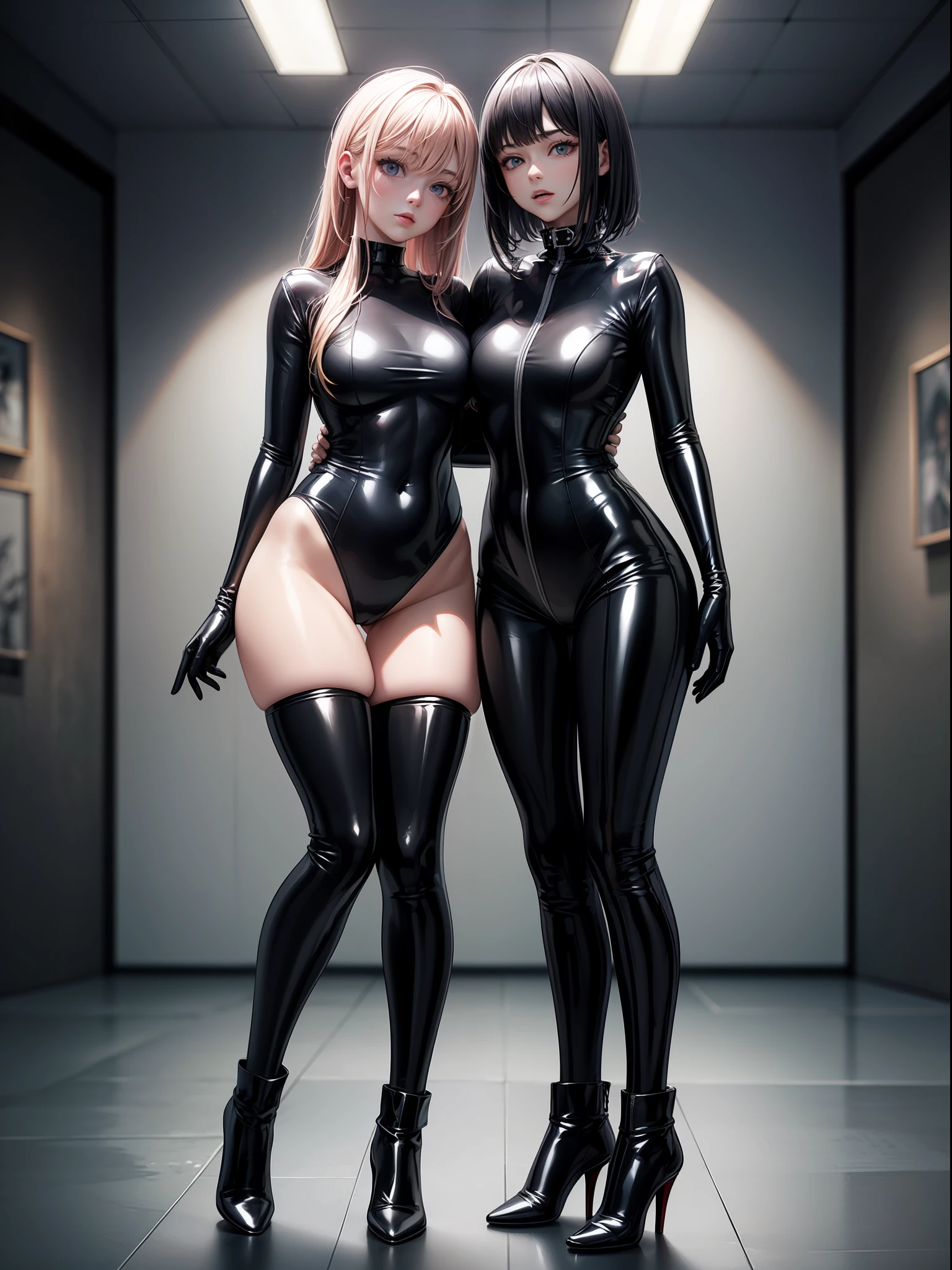 (((best quality))), (((masterpiece))), super fine photo, full body picture Unreal Engine 5 8K UHD of a man and a girl, wearing black latex catsuit, latex collar, latex gloves, latex boots, cuddling, unified 8k wallpaper, hyper detailed, sharp focus, dynamic