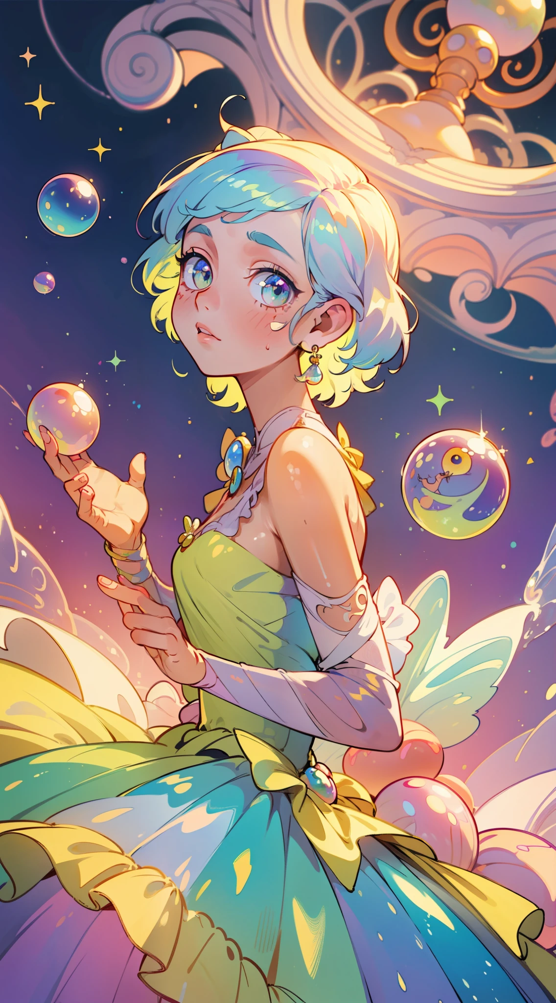 masterpiece, best quality, 8k resolution, sharp focus, intricate detail, beautiful girl, sparkling eyes, golden ratio face, otherworldly liquid, watercolor, ((pastel colors)), bright colors, whimsical, colorful, sharp focus, high resolution, fine detail, ((layered ballgown)), iridescent bubbles
