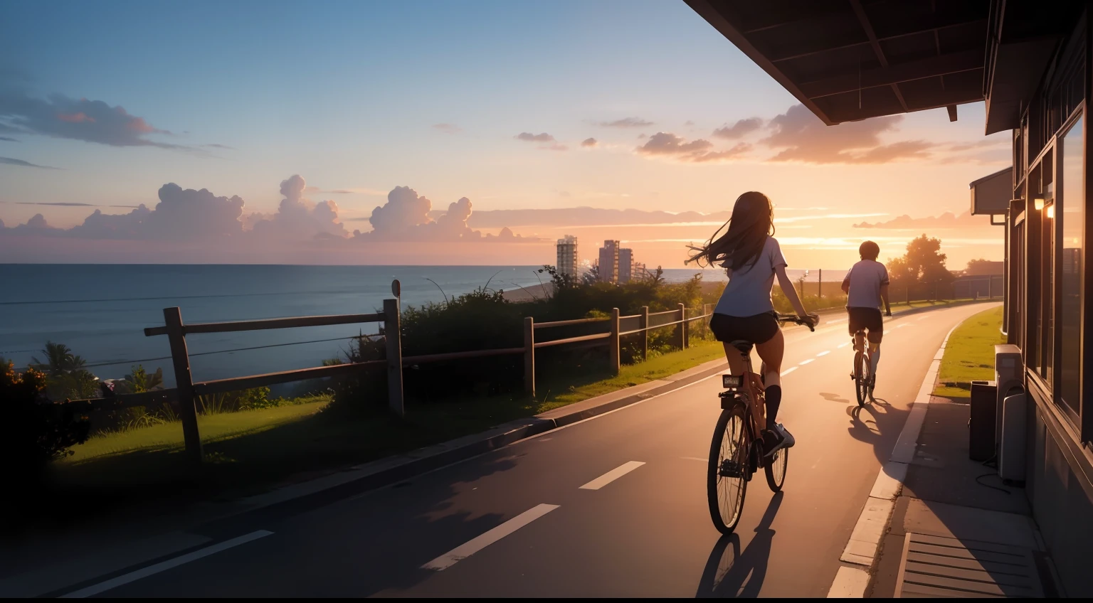 evening glow,Sea view hill,High school girl on bicycle,Students coming and going,Sentimental,top-quality,ghibuli style