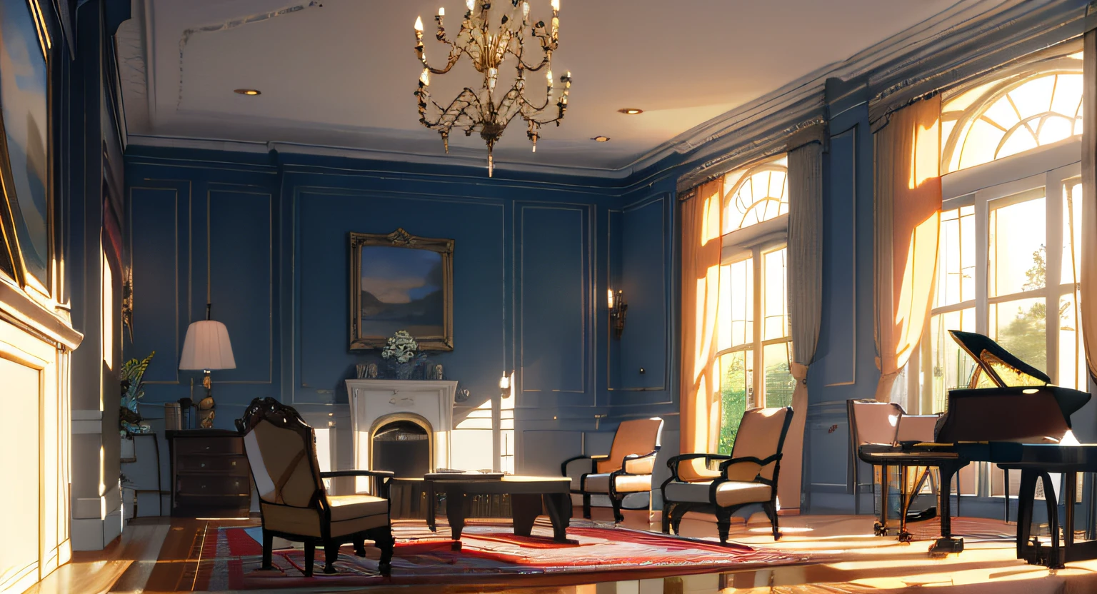 Bright early morning lighting, Scenes,fireplace,pianos,carpets,sofe,in living room,well-illuminated, morning lighting, the morning sun, unreal-engine,;Sunshine in the early morning hours, morning lighting,In the daytime,Morning,Well-lit room,Increased brightness,