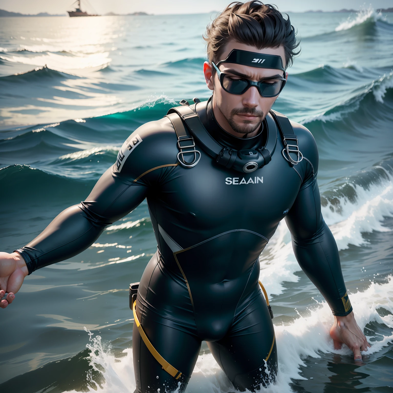 A man,wear sea diving costume, present in the sea Island, detailed, realistic,8k,