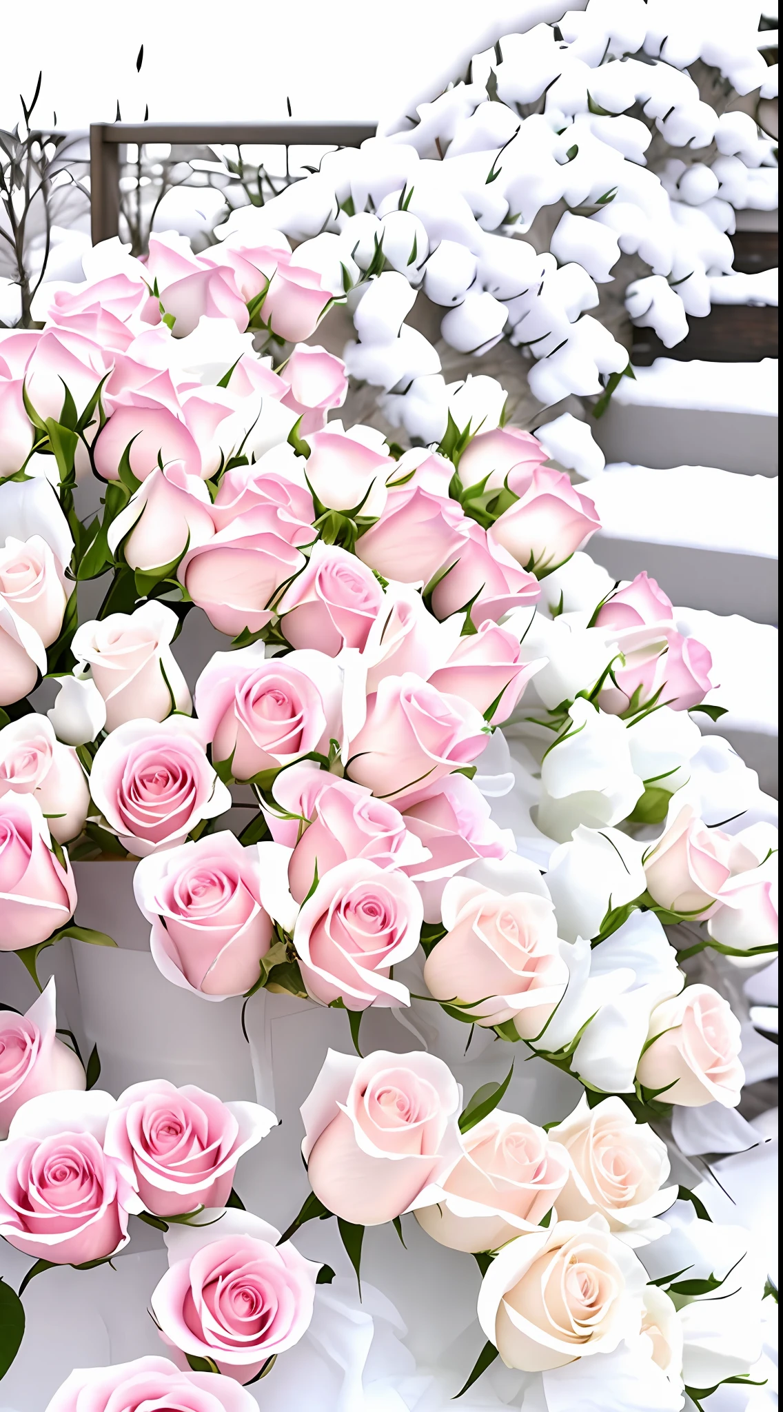 Flowers line the railings in the snow, rosette, rosses, White roses, Beautiful flowers, a few roses, white and pink, Unbelievably beautiful, very very beautiful, elegant flowers, with frozen flowers around her, big breasts beautiful, Beautiful image, Beautiful and aesthetic, pastel roses, beutifull, ellegance, Incredibly realistic, roses in cinematic light