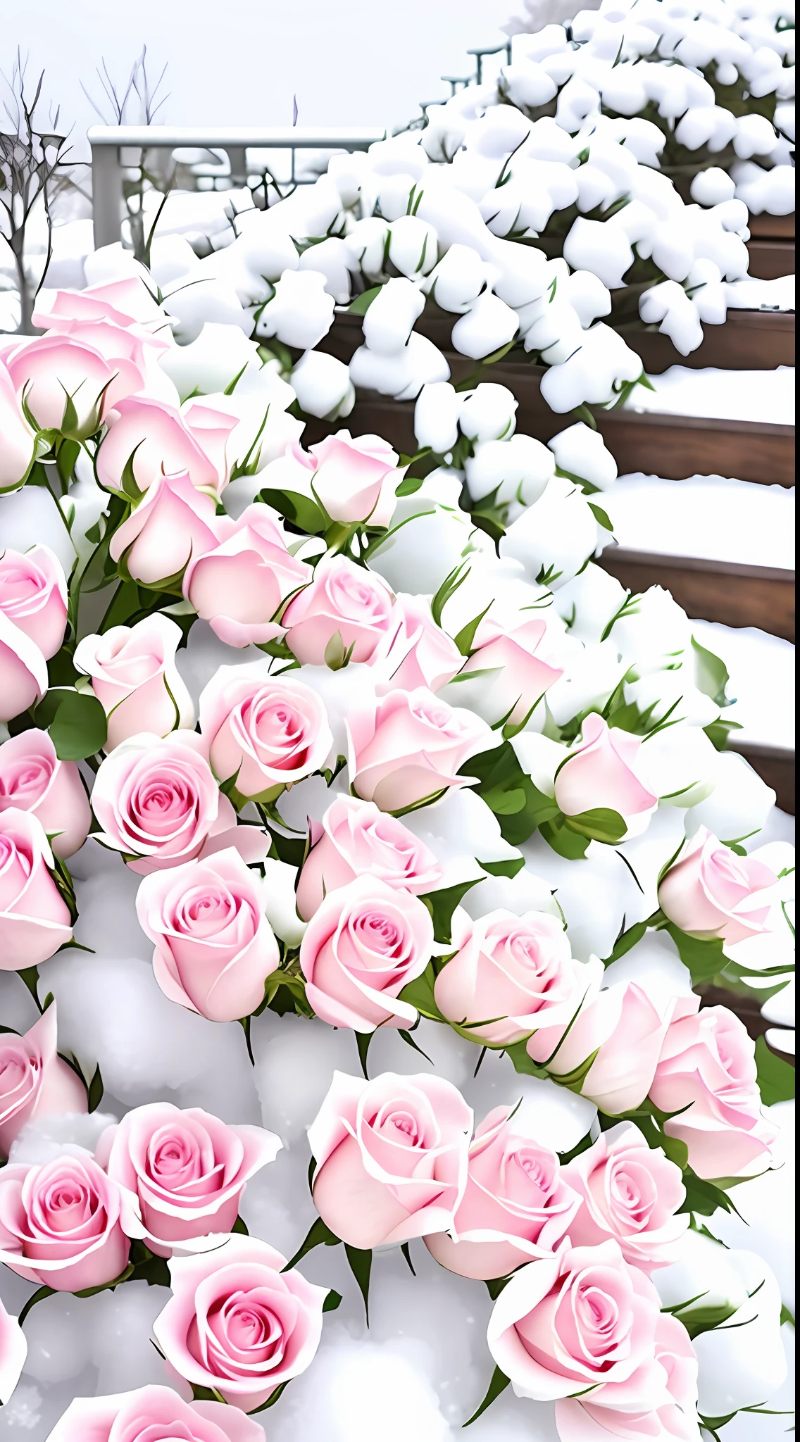 Flowers line the railings in the snow, rosette, rosses, White roses, Beautiful flowers, a few roses, white and pink, Unbelievably beautiful, very very beautiful, elegant flowers, with frozen flowers around her, big breasts beautiful, Beautiful image, Beautiful and aesthetic, pastel roses, beutifull, ellegance, Incredibly realistic, roses in cinematic light