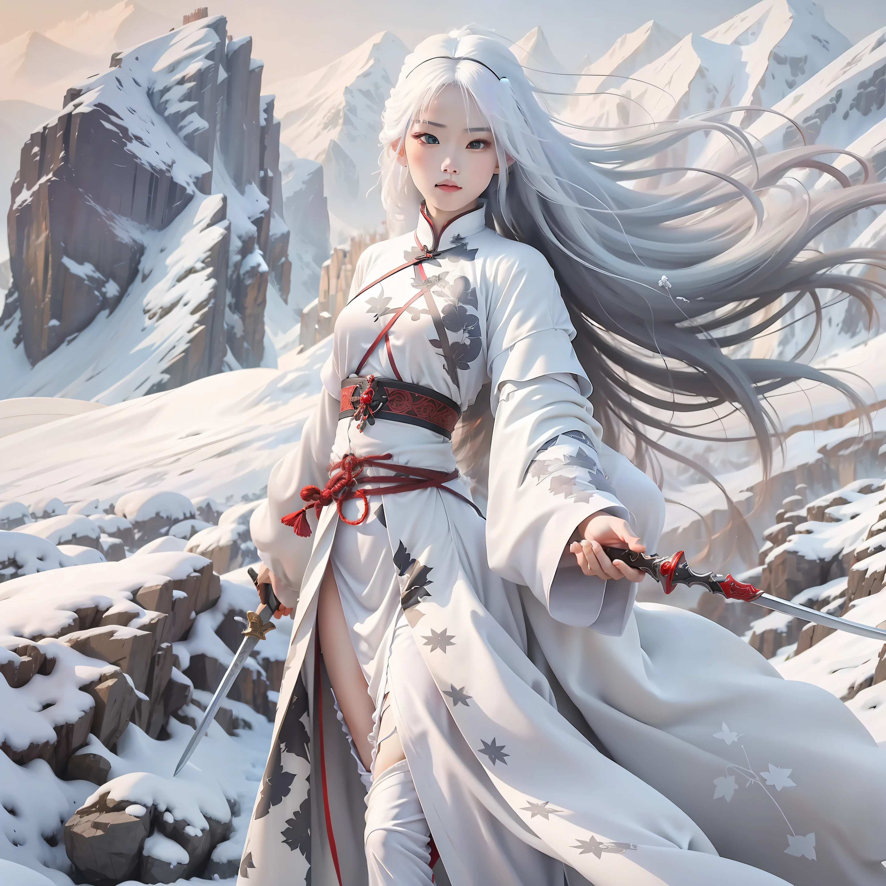 Excellent composition，panoramicshooting，Sword Fairy，Chinese white clothes，White hair，Snowy mountain background，Chinese long sword，Raised sexy，Long flowing hair