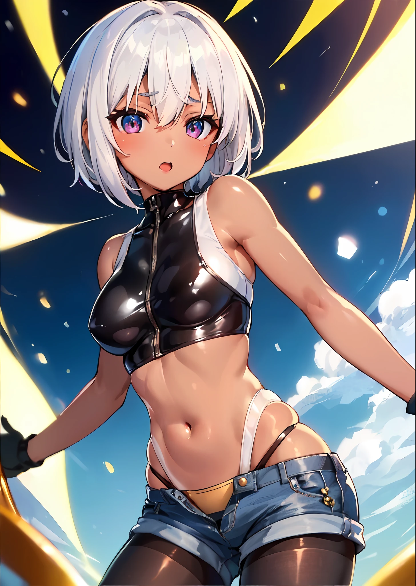 Solo、((top-quality、8K、masterpiece:1.3))、Provocative facial expressions、foco nítido:1.2、Beautiful woman with perfect body shape:1.4、Beautiful face、beautiful countenance、White hair、Pixie Bob、A slender 、The navel is visible、abdominals:1.2、A sexy、shortpants:1.5、Rubber Enamel Bodysuit:1.7、Highly detailed facial and skin texture、A detailed eye、二重まぶた、Black pantyhose:1.3、(Tanned skin:1.3),(groin)