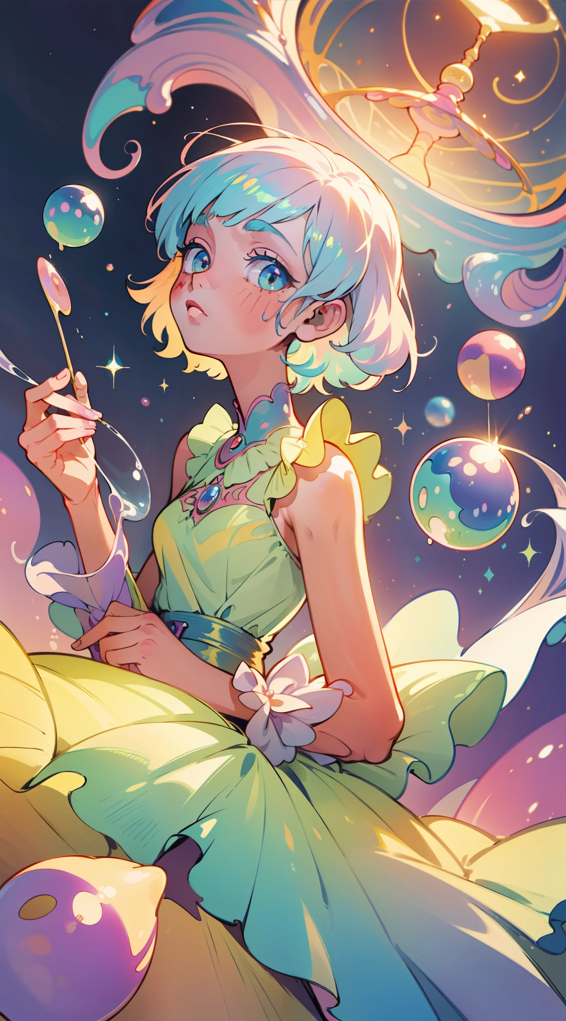 masterpiece, best quality, 8k resolution, sharp focus, intricate detail, beautiful girl, sparkling eyes, golden ratio face, otherworldly liquid, watercolor, ((pastel colors)), bright colors, whimsical, colorful, sharp focus, high resolution, fine detail, ((layered ballgown)), iridescent bubbles