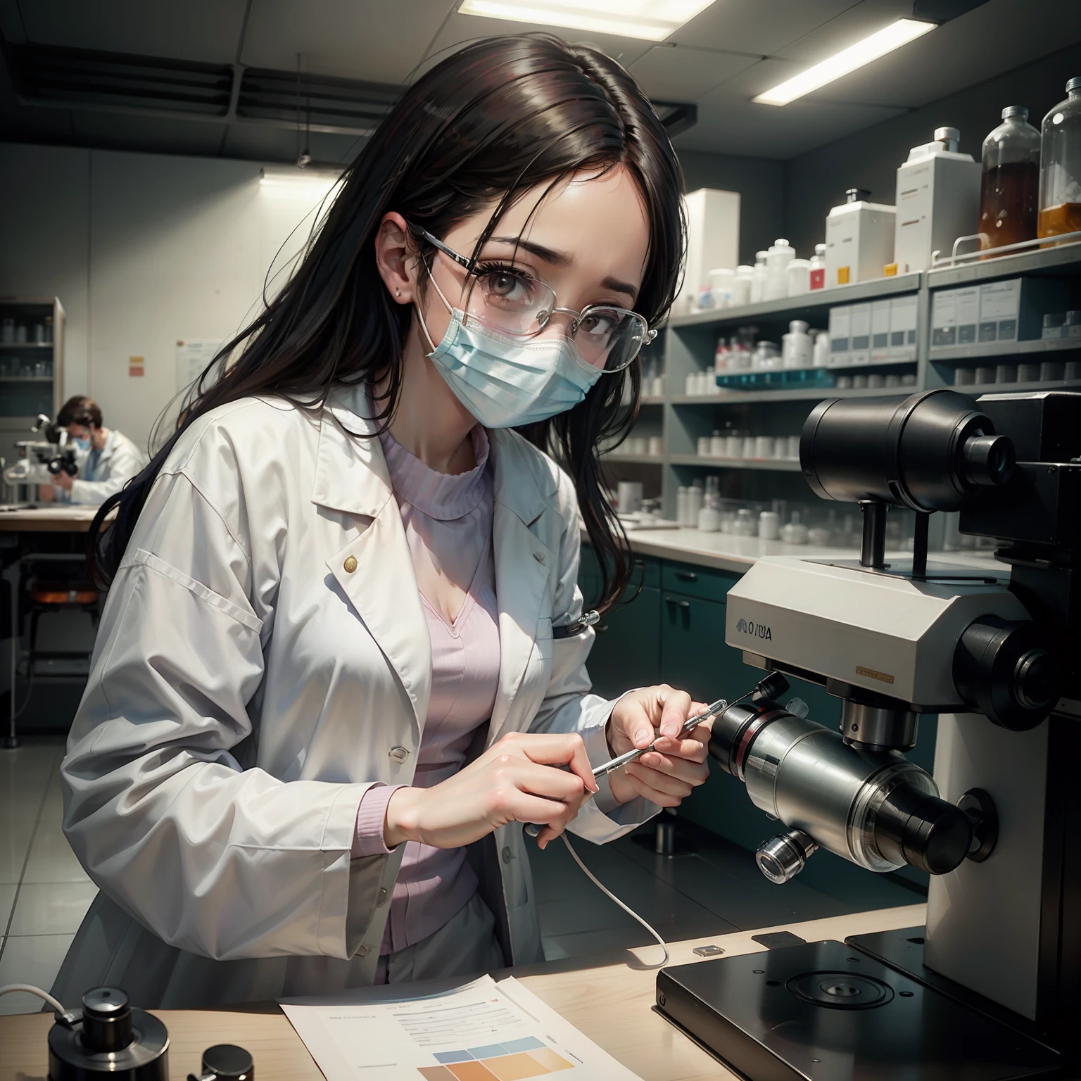 Arafed woman in white lab coat looking through microscope, scientist, wearing lab coat and glasses, retrato de uma patologista, scientific research, Microscopia, in a lab, vestindo jaleco e blusa, in lab, usando jaleco, working in her science lab, medical lab, scientific, scientific study, in lab, Cientistas, The camera is filming the doctor on one side