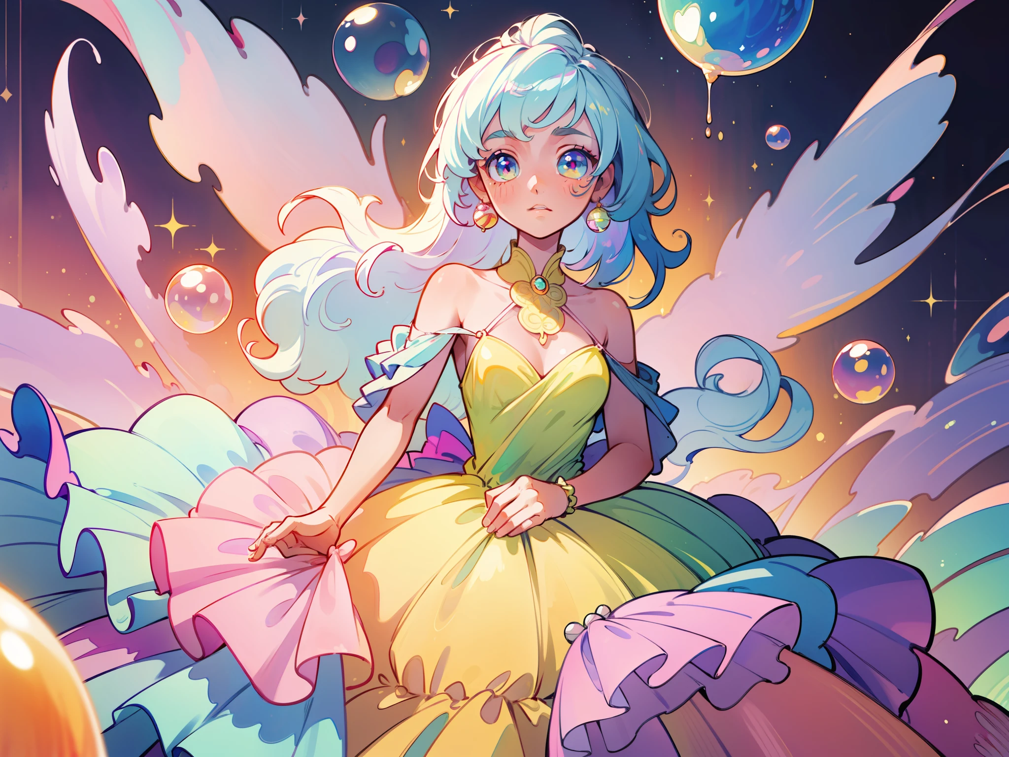 masterpiece, best quality, 8k resolution, sharp focus, intricate detail, beautiful girl, sparkling eyes, golden ratio face, otherworldly liquid, watercolor, ((pastel colors)), bright colors, whimsical, colorful, sharp focus, high resolution, fine detail, ((layered ballgown)), iridescent bubbles