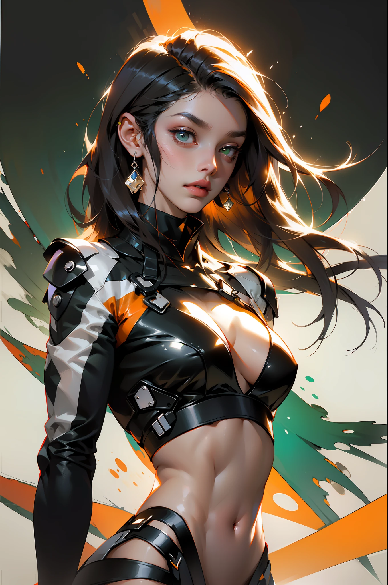 laranja, rosa, Branco, verde, (Mulher de cabelo Preto (com franja pesada cobrindo a testa)), tatuagens, (roupas Techwear: 1.1), abstract lines and background circles, corpo inteiro