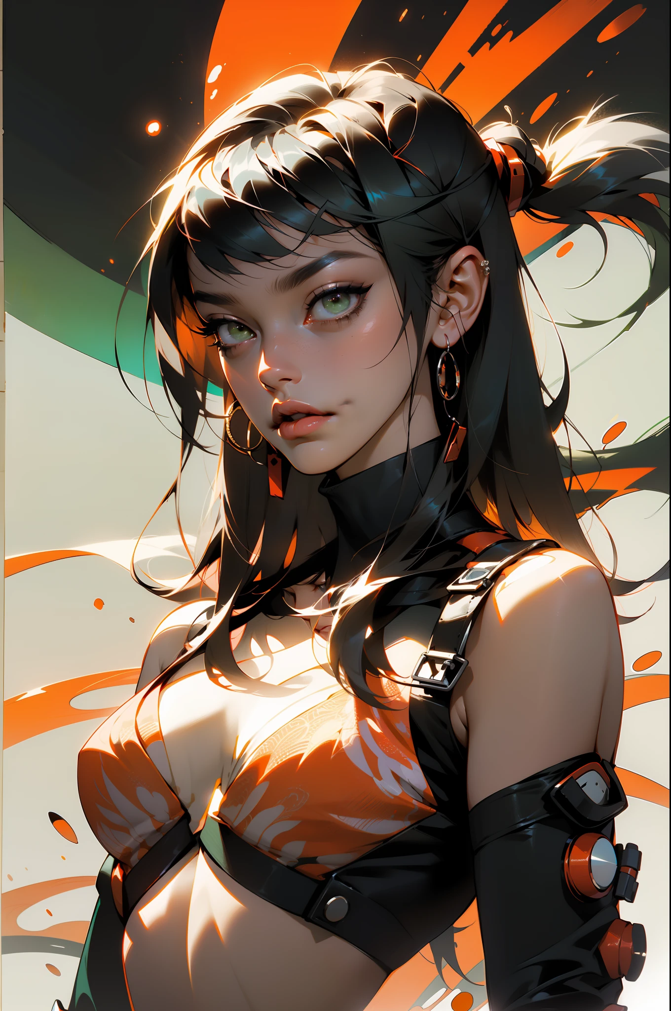 laranja, rosa, Branco, verde, (Mulher de cabelo Preto (com franja pesada cobrindo a testa)), tatuagens, (roupas Techwear: 1.1), abstract lines and background circles, corpo inteiro