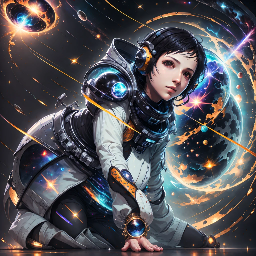 (Final Fantasy art), (Masterpiece: 1.5), Art Station, Ultra-realistic CG, Vivid colors, child, ((Black hair in the wind)), space suit, cosmic space background, Kneel and pray, Reflective lights, Ray tracing, Inside the temple, Ultra-detailed symbols on the wall, Stained glass, Caravaggio lamp, Caravaggio shadows, Bright and realistic skin, (Eye focus), hdr, 4K cinema --auto --s2