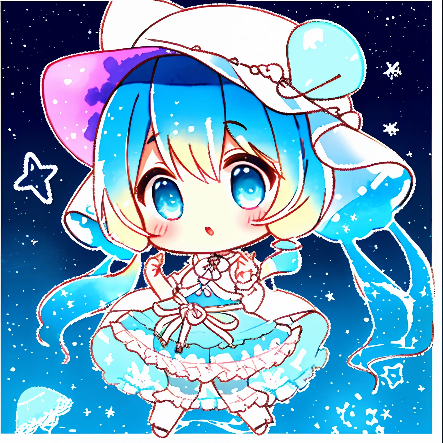 Chibi、Two-headed body、full bodyesbian、(​masterpiece)、((top-quality))、Jellyfish hat、See-through jellyfish、Fusion of nipple seal and jellyfish、The background is the sea、Simple backgrounds、Watercolor Touch、Smearing、colourfull、Active Pose、pigtails、mesugaki、thick eyebrow、Beautiful blonde、Braids、girl with、独奏、(beautidful eyes))、beatiful detailed eyes、Five fingers、textile shading、