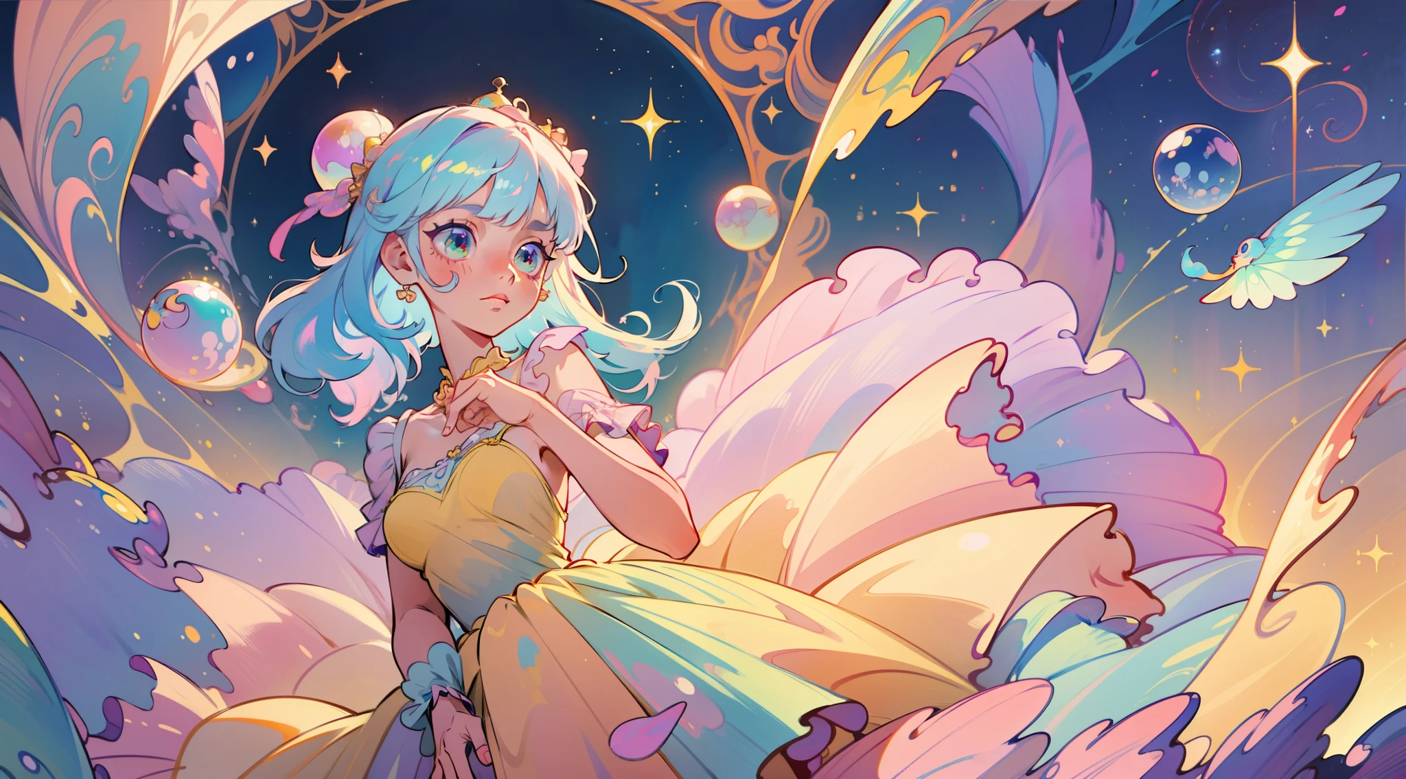 masterpiece, best quality, 8k resolution, sharp focus, intricate detail, beautiful girl, sparkling eyes, golden ratio face, otherworldly liquid, watercolor, ((pastel colors)), bright colors, whimsical, colorful, sharp focus, high resolution, fine detail, ((layered ballgown)), iridescent bubbles
