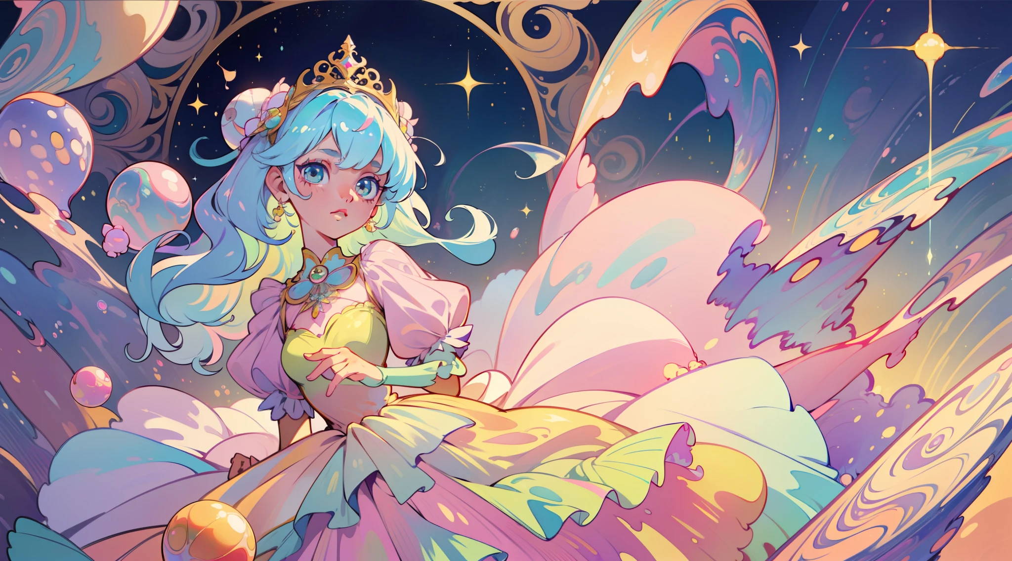 masterpiece, best quality, 8k resolution, sharp focus, intricate detail, beautiful girl, sparkling eyes, golden ratio face, otherworldly liquid, watercolor, ((pastel colors)), bright colors, whimsical, colorful, sharp focus, high resolution, fine detail, ((layered ballgown)), iridescent bubbles