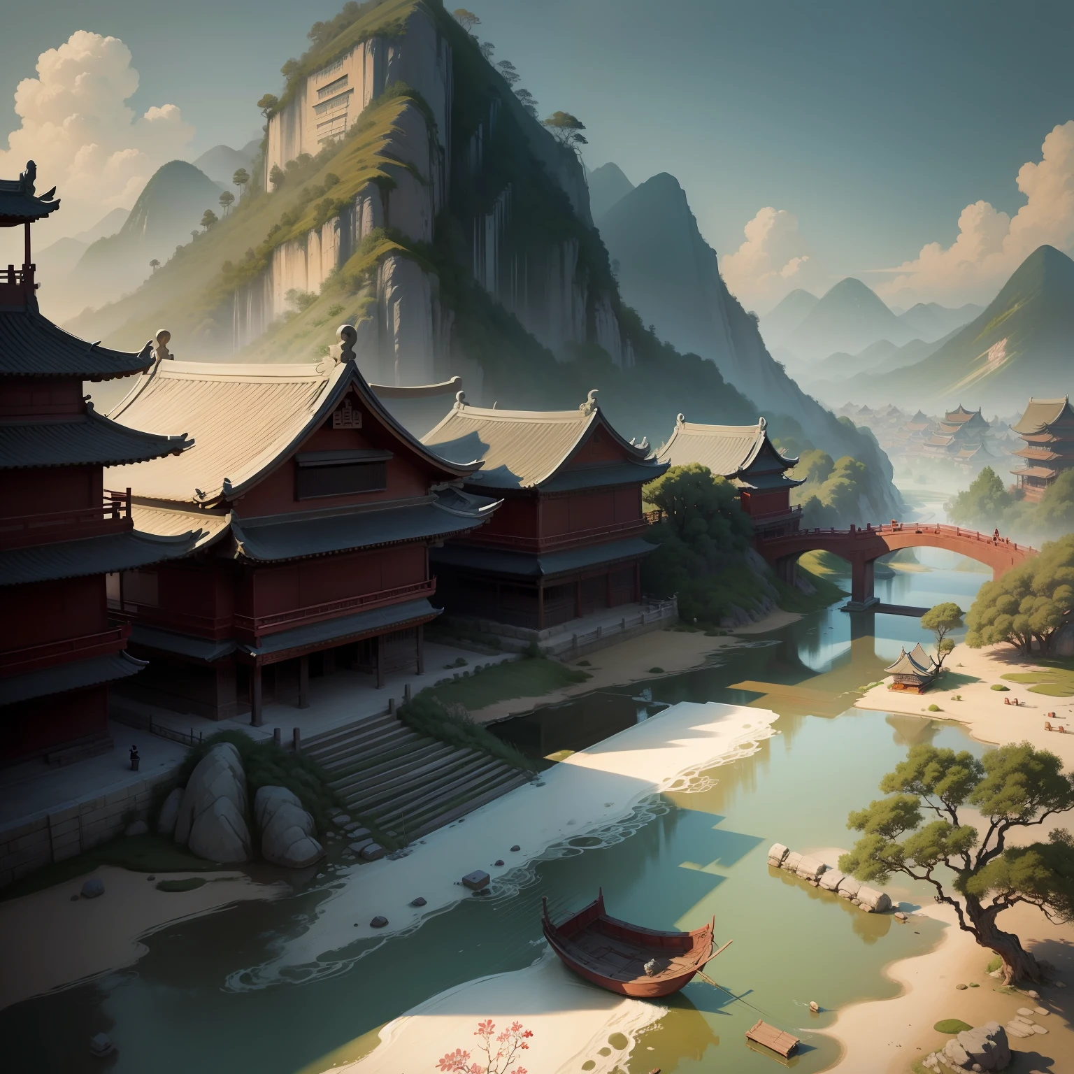 China-style,landscape painting,Bird,Endless ink,in pastel shades,Rich in antiquity,A messy and charming Chinese landscape painting。