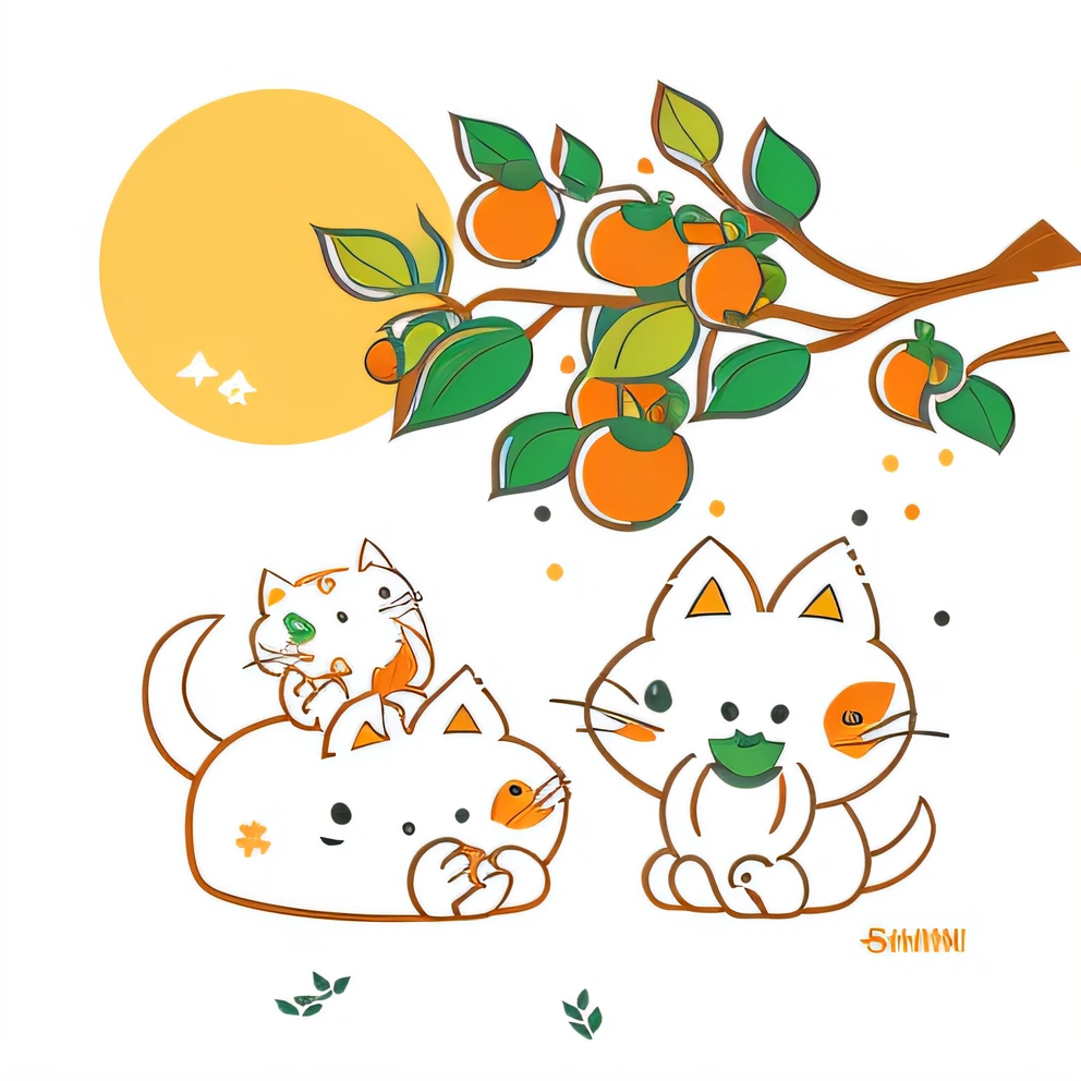 Cartoon cat with orange with people and leaves on the branches of the full moon,Inspired by Shinobu Ishikawa's Japanese animation style