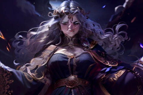 (absurdres, highres, ultra detailed), 1woman, mature female, aged up, wavy long hair, white hair, black eyes, bangs, long sleeves, finely detailed eyes and detailed face, extremely detailed CG unity 8k wallpaper, intricate details, looking down, solo, half shot, detailed face, stoic expression, dynamic pose, flowing hair, classical era, (ancient roman theme:1.1), roman mythology, Roman empire, Capua, ancient vineyard, oracle, cape, iron accessories, ancient theme, (flourishing civilization:1.1), pristine white marble, (intact:1.1) marble buildings, hills in background, brazier, burning embers, night, darkness, stars, aura of light, majestic atmosphere, floating stone particles,, portrait, wind swirling