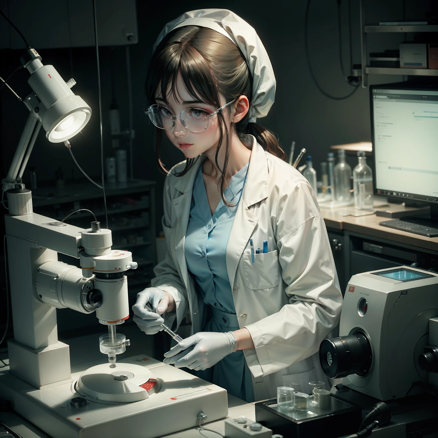 Arafed woman in white lab coat looking through microscope, scientist, wearing lab coat and glasses, retrato de uma patologista, scientific research, Microscopia, in a lab, vestindo jaleco e blusa, in lab, usando jaleco, working in her science lab, medical lab, scientific, scientific study, in lab, Cientistas, The camera is filming the doctor on one side