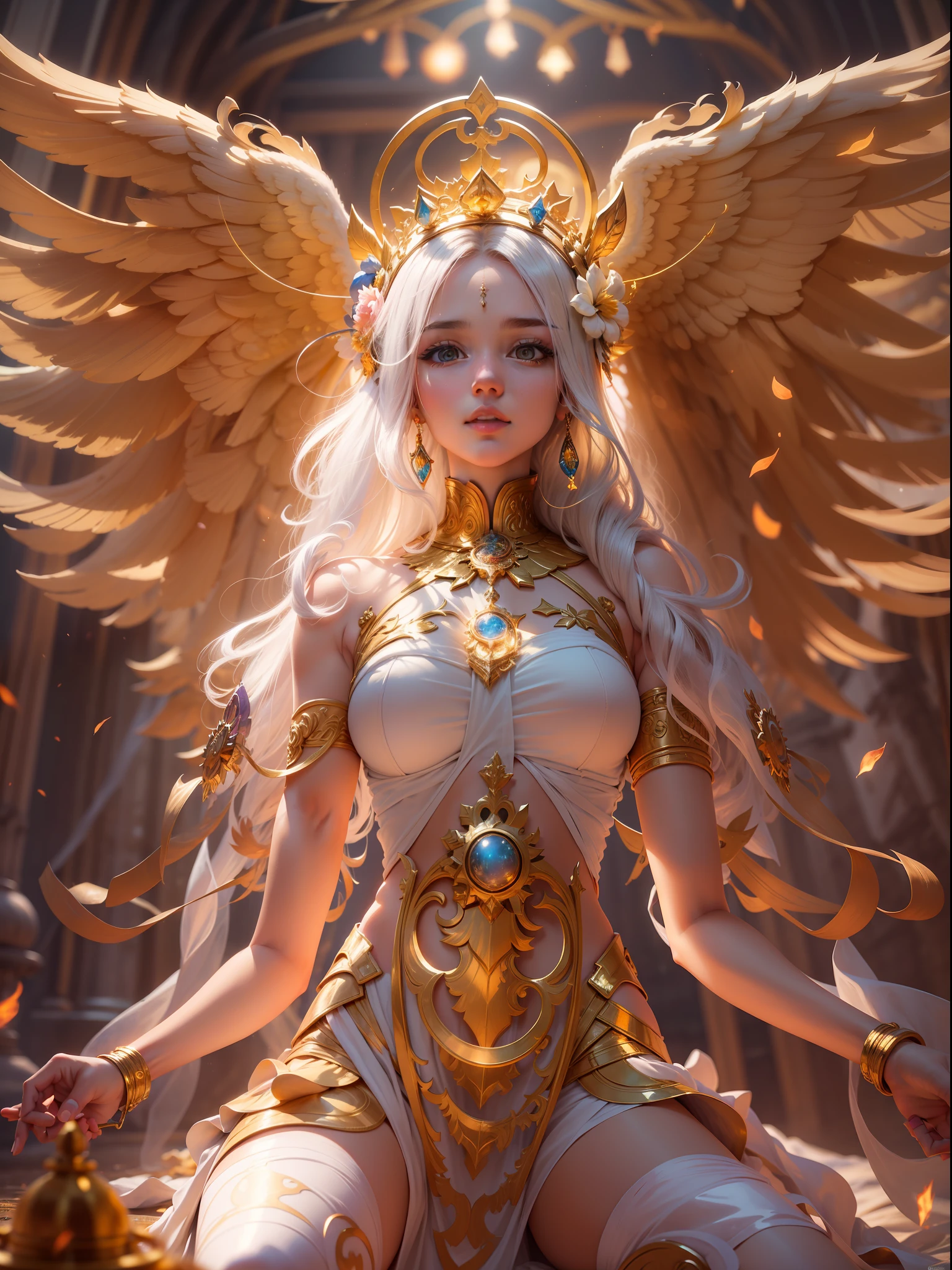 Picture quality:A masterpiece of high detail,8k,High resolution body content:1girll, old,Tilt-shift viewing angle,Sideways pose, Broad perspectives,Wear angel costumes,Glowing hair,long leges,Exudes an aura of majesty and wisdom,Surface Coloring,Spread the golden mechanical wings behind your back,Behind him is the mysterious super-large golden wheel golden light,Countless glowing quicksand swirled around this figure,Divine sense top light,The feeling of being high,Background with:A dazzling paradise,enviroment:fanciful,full of sunlight,Buddha is full of light,utopian,The ethereal breath of the Holy Country bathed in the glow of the sky,Hopeful,Divine piety,Mysterious atmosphere:Mysterious sense of agnostic light:sun light,Strong sunshine,Magic beam,The fantasy of the future world is intertwined with reality,color:Infused with ethereal hues and luminous gold tones,White gold color,High purity color, composition:Wide angle composition,The character is in the center, Style reference:Virtual Engine,The magical texture of red sparks,The chaotic real world
