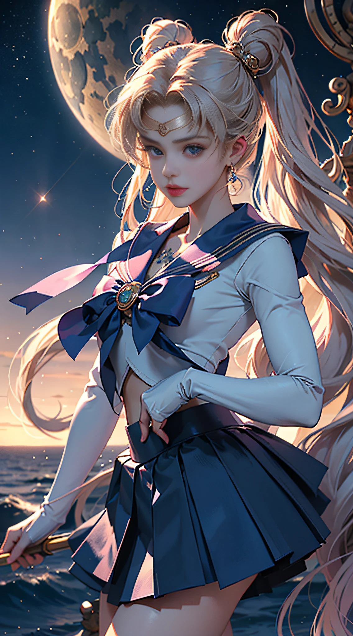 （（tmasterpiece））， （（best qualtiy））， （ultra - detailed）， （（The is very detailed））， 4K， （8K）， the sailor moon， cabellos largos dorados， dual horsetail，sailor moon aesthetic，a beauty girl，Puffy skirt，blue colors， Dream Core，