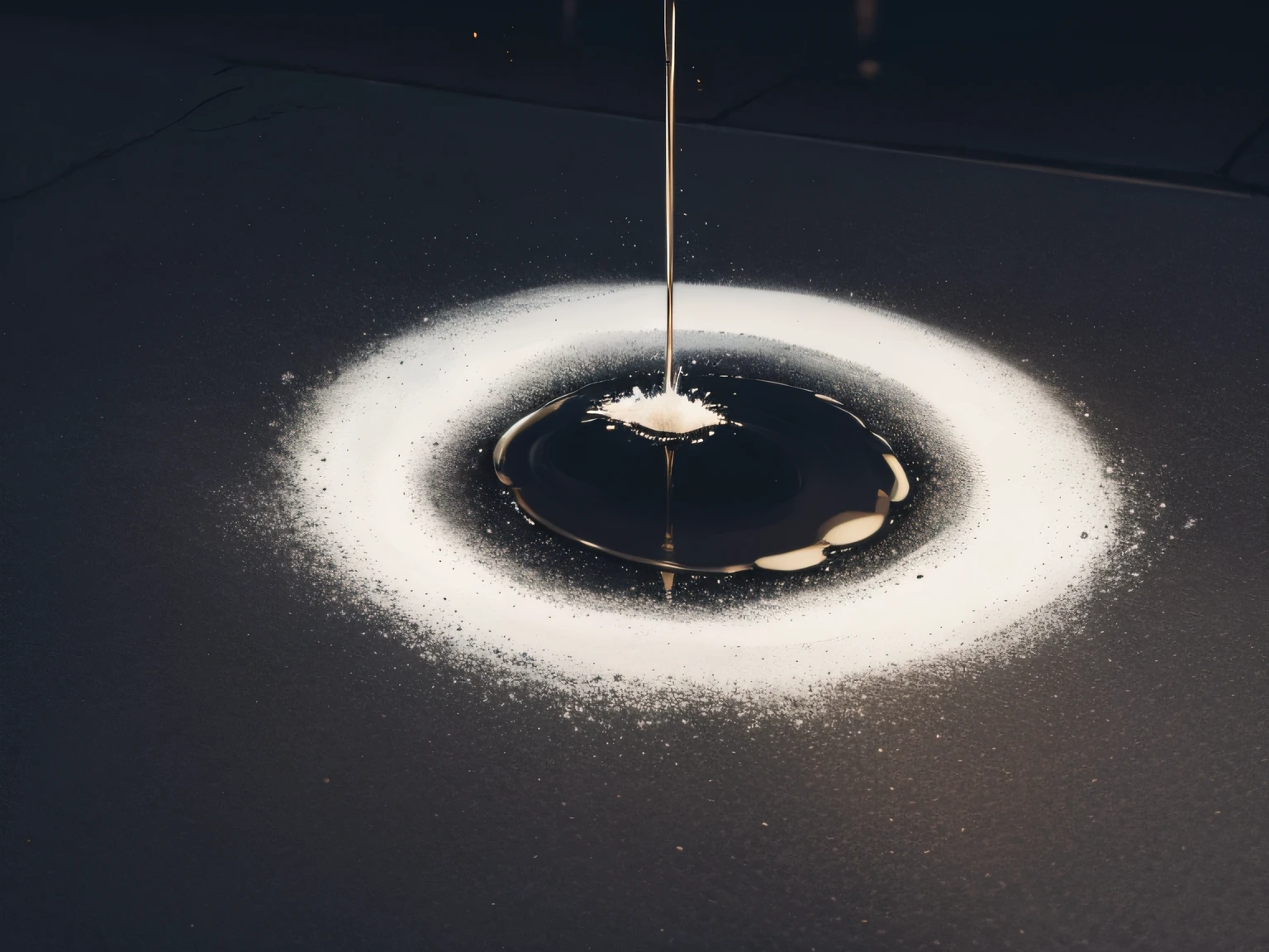 A black drink was poured down the street，Sprinkle everywhere，（No Man：1.8），light circles