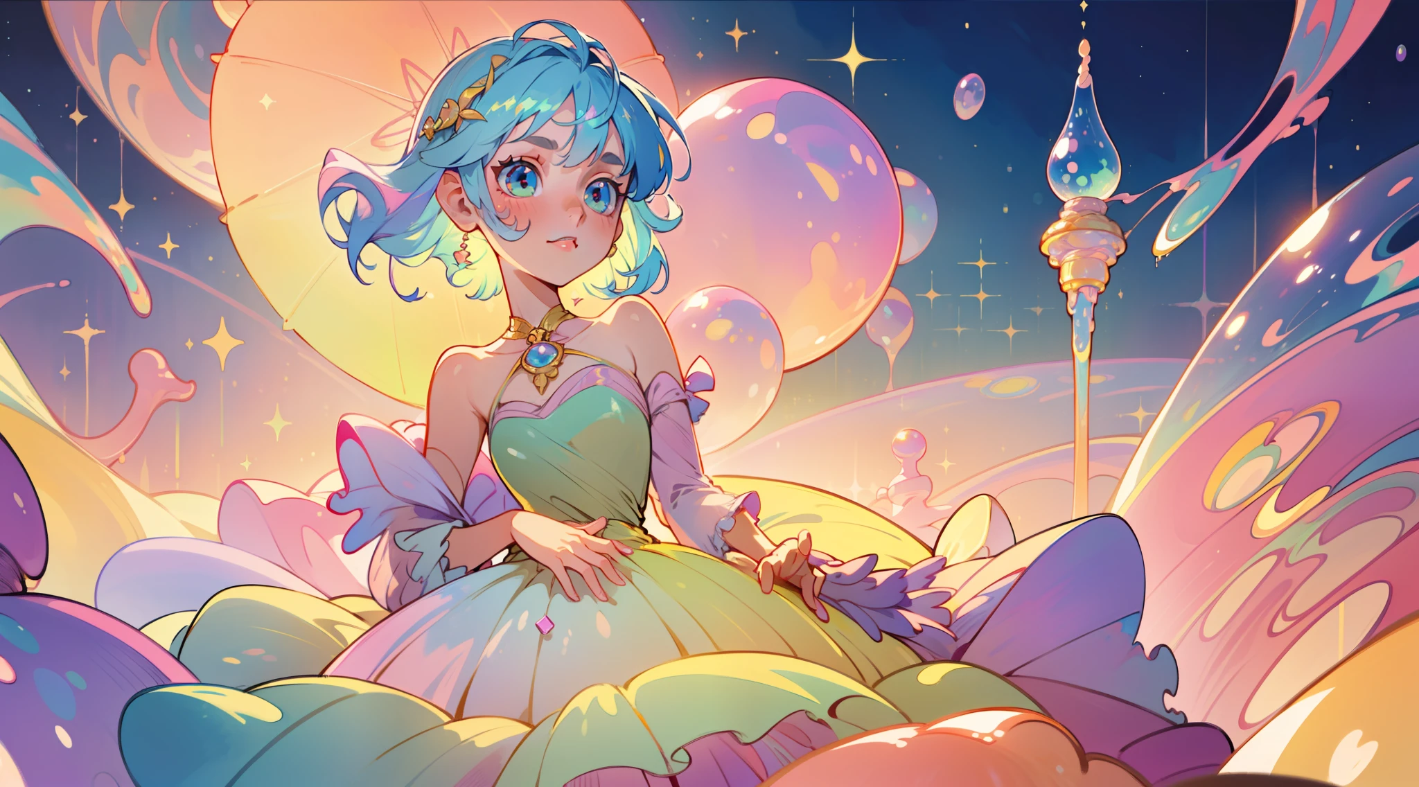 masterpiece, best quality, 8k resolution, sharp focus, intricate detail, beautiful girl, sparkling eyes, golden ratio face, otherworldly liquid, watercolor, ((pastel colors)), bright colors, whimsical, colorful, sharp focus, high resolution, fine detail, ((layered ballgown)), iridescent bubbles