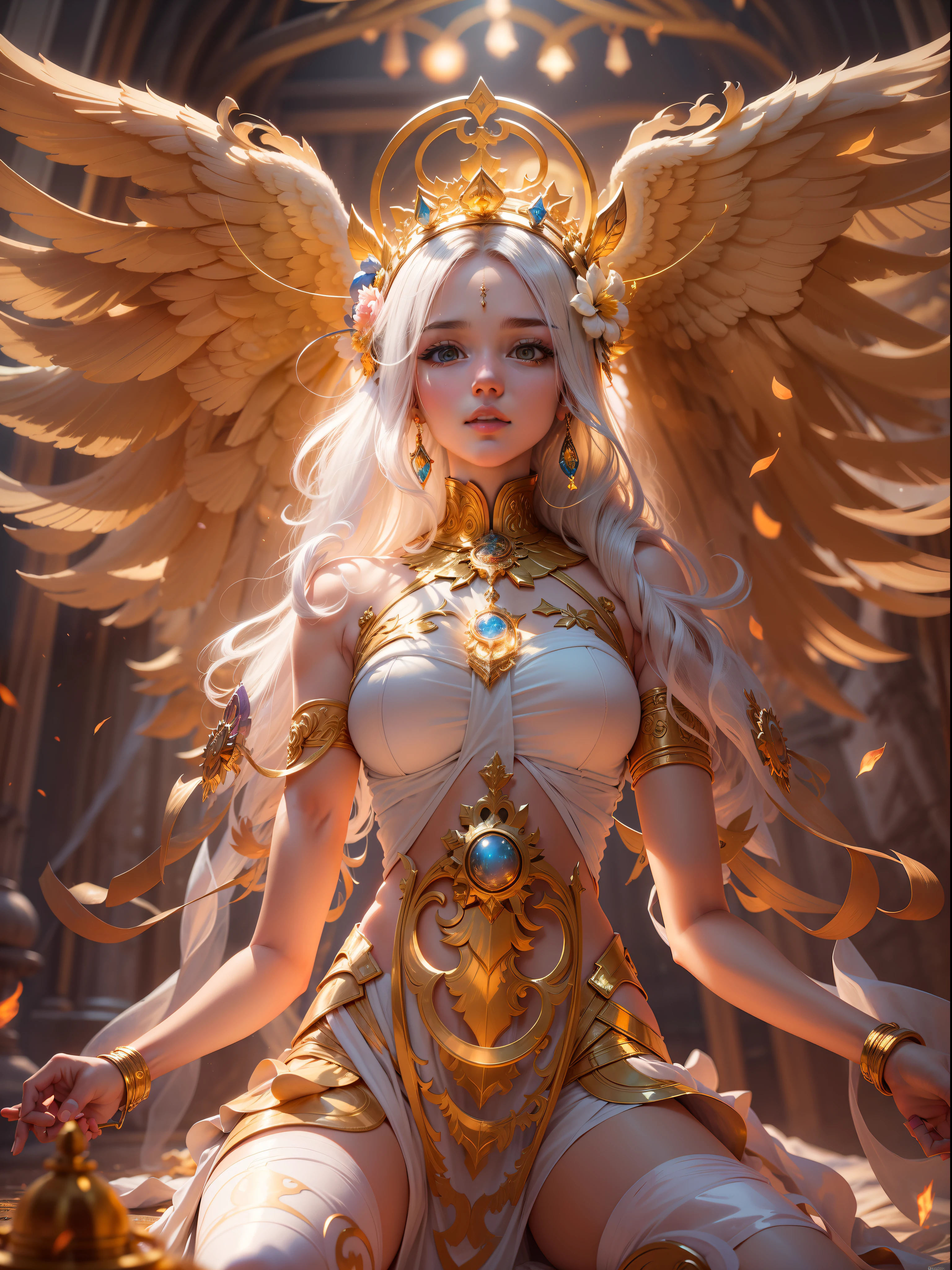 Picture quality:A masterpiece of high detail,8k,High resolution body content:1girll,16 yaers old,Tilt-shift viewing angle,Sideways pose, Broad perspectives,Wear angel costumes,Glowing hair,long leges,Exudes an aura of majesty and wisdom,Surface Coloring,Spread the golden mechanical wings behind your back,Behind him is the mysterious super-large golden wheel golden light,Countless glowing quicksand swirled around this figure,Divine sense top light,The feeling of being high,Background with:A dazzling paradise,enviroment:fanciful,full of sunlight,Buddha is full of light,utopian,The ethereal breath of the Holy Country bathed in the glow of the sky,Hopeful,Divine piety,Mysterious atmosphere:Mysterious sense of agnostic light:sun light,Strong sunshine,Magic beam,The fantasy of the future world is intertwined with reality,color:Infused with ethereal hues and luminous gold tones,White gold color,High purity color, composition:Wide angle composition,The character is in the center, Style reference:Virtual Engine,The magical texture of red sparks,The chaotic real world