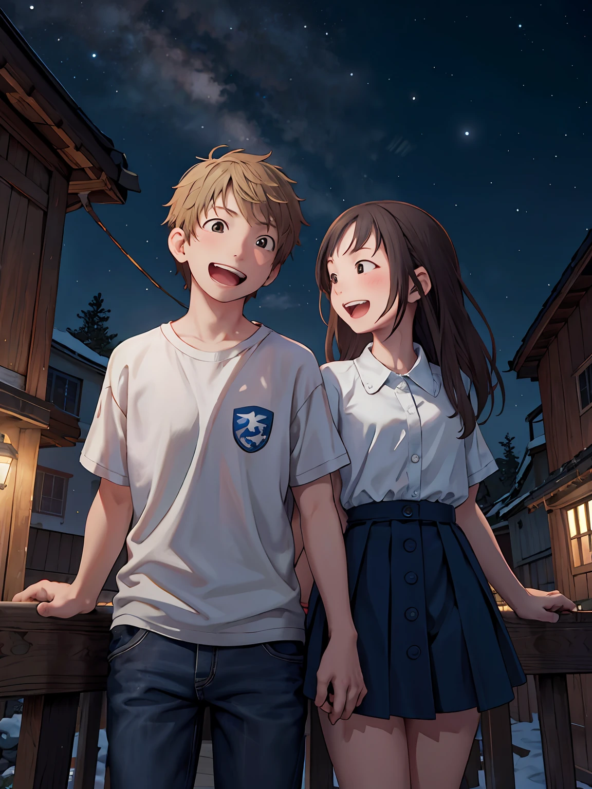 masterpiece, top-quality, Teenage couple, nigh sky, The upper part of the body, Laughing
