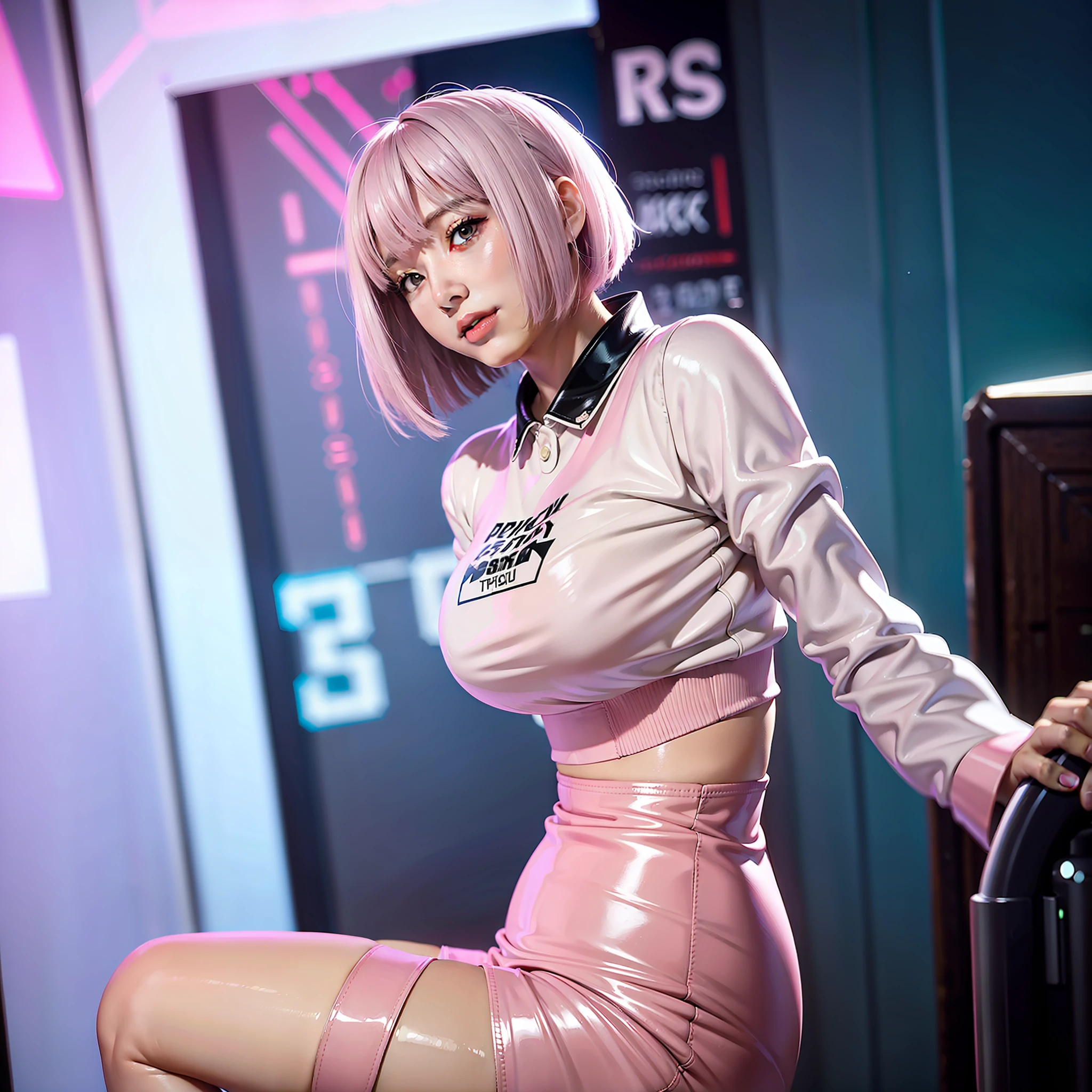 cyber punk perssonage,Pink latex tights,with short white hair,dual horsetail,ssmile