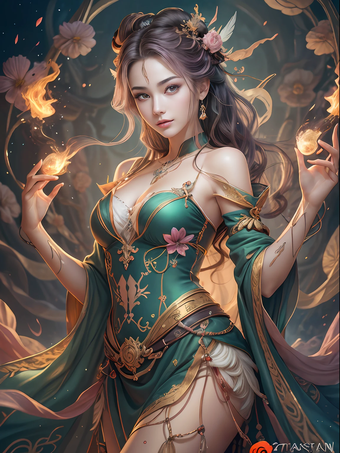 Er Jie, a girl with a smooth and dynamic posture, wearing a loose and flowing pink dress, with a mysterious expression and curly black pink hair, [Zhang Ziyi|Aishwarya Rai], bold and colorful abstract art in a modern and abstract environment, blurred background, bright lights, official art, Unity 8k wallpaper, (zentangle, mandala, tangled, tangled), intricate clothes, mid-style (whole body, from all directions, masterpiece, top quality, best quality, official art, Beauty and aesthetics: 1.2), very detailed, (fractal art: 1.1), (color: 1.1) (flowers: 1.3), highest detail, (zentangle: 1.2), (dynamic pose), (abstract background: 1.3), (shiny skin), (multiple colors: 1.4), (feathers: 1.5), dynamic angle, most beautiful chaotic forms, elegant, fauvist design, bright colors, romanticism, dark style beautiful princess of the underworld spooky bad smile complex tattoos Anime 3D Art Style 3D Dark Night Deep Black Sky Horror ((Cold Complex Skull Accessories )) (Guvez style artwork) ((Black Chinese-style underground palace with huge complex structure in background)) Leica lens Depth of field (Masterpiece, top quality, best quality, official art, Beauty and Aesthetics: 1.2), (1girl: 1.3), (Fractal Art: 1.3) (Masterpiece, Top Quality, Best Quality, Official Art, Beauty and Aesthetics: 1.2), (1girl), Extreme Detail, Colorful, Highest Detail, Official Art, Unified 8k Wallpaper, Ultra Detailed, Beautiful and Aesthetic, Beautiful, Masterpiece, Best Quality, (Zentangle, Mandala, Tangled, Entangle), Holy Light, Gold Leaf, Gold Foil Art, Glitter Drawing, PerfectNwsjMajic M Desfi masterpiece, the best quality, hair becomes fire, hair is on fire, fantasy, (Ray: 1.05), Orange Light Particles, Landscape, Fire, Beautiful and Detailed Explosion, Beautiful Detailed Glow, Flame Burning Around, Flame Burning Around, Fire Feather, Burning, (Burning Forest: 1.34), (Bare Trees: 1.05), Ash, (Red Sun: 1.05), (Flame Around Character: 1.1), Solo, Crazy Smile, (Detail: 1.05), High Resolution Illustrati