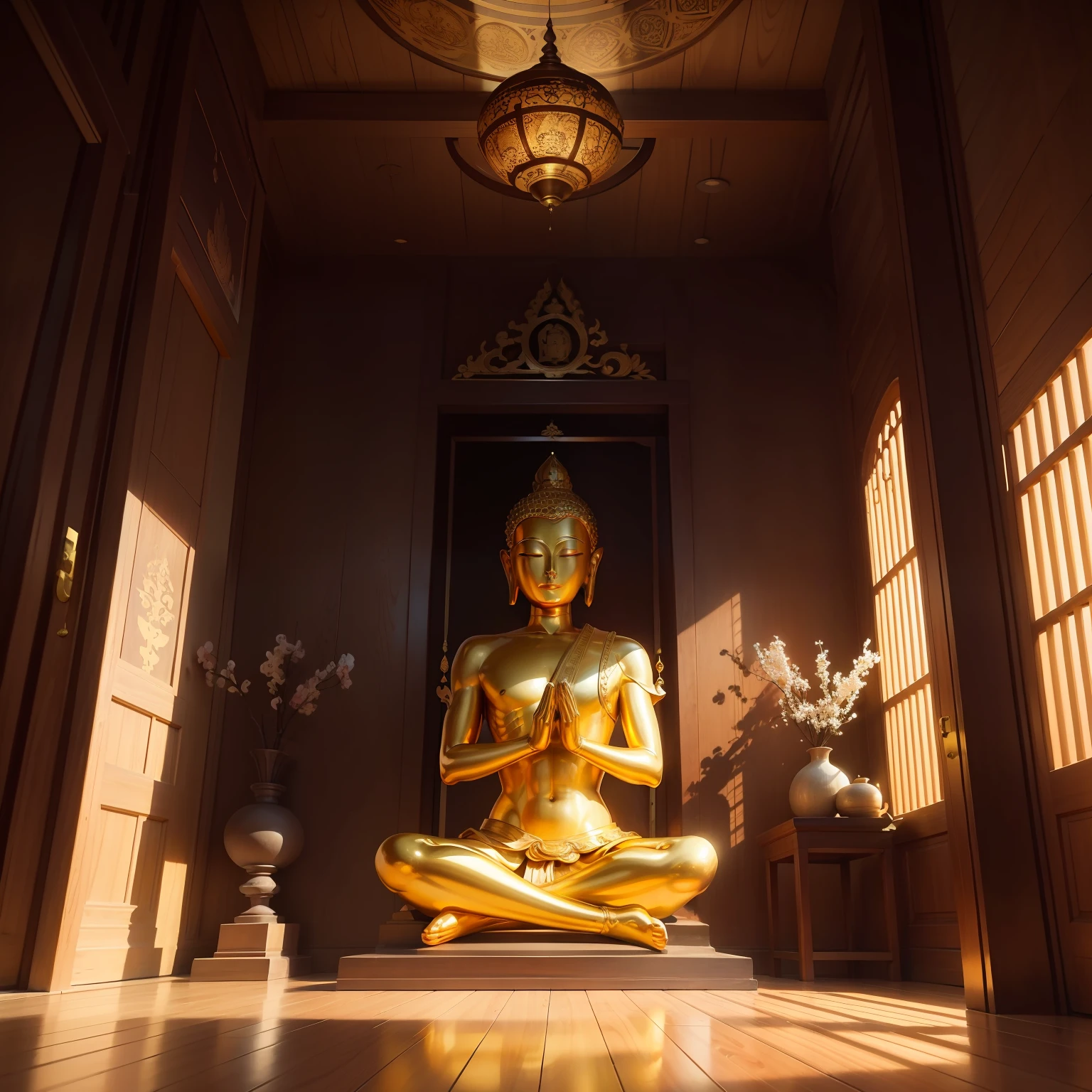 The monks in the temple reverently knocked on the wooden fish，The golden body of the Buddha is majestic，The picture is calm and peaceful