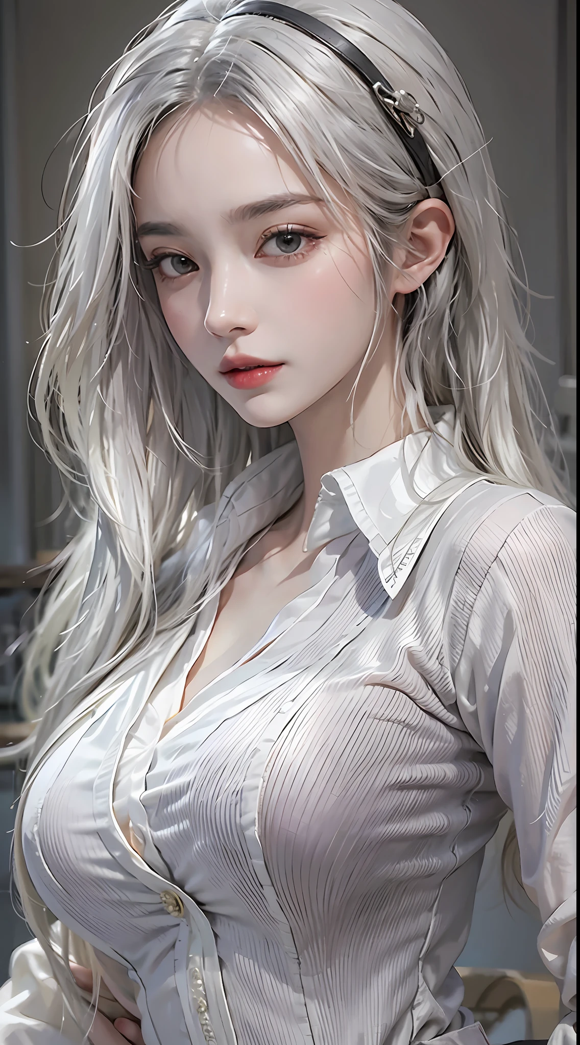 Photorealistic, high resolution, 1womanl, Solo, Hips up, view the viewer, (Detailed face), White hair, Long hair, doctor outfit, Stockings，（（（huge tit，No cleavage）））