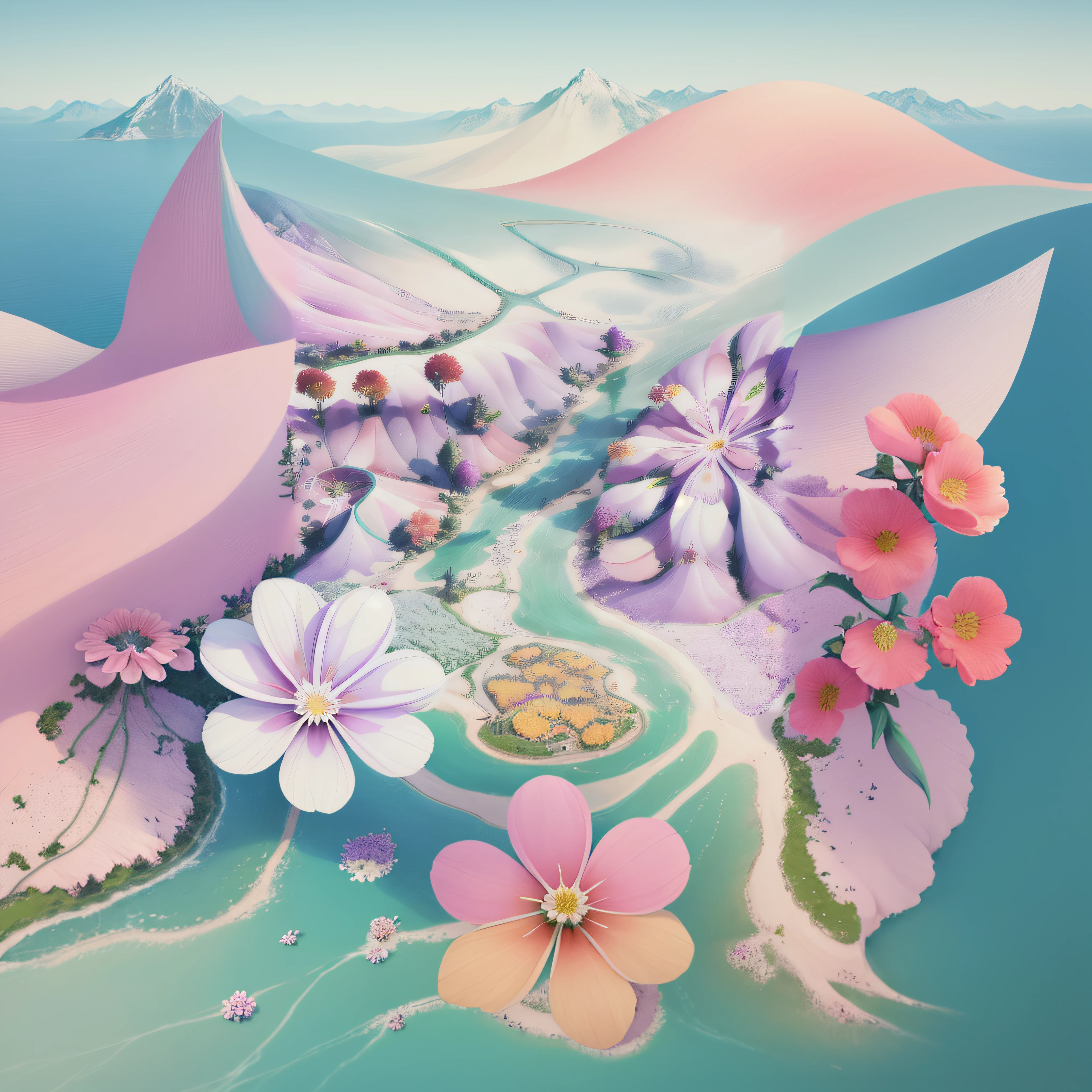 Bird's-eye view, aerial view, (Flower Sea:1.5),colorful flowers mountains, (red flower:0.5),(blue flower:0.5),(yellow flower:0.5),river, flowers everywhere,masterpiece photo,high-definition, reality, 4K,[green:0.3],[purple:0.4]