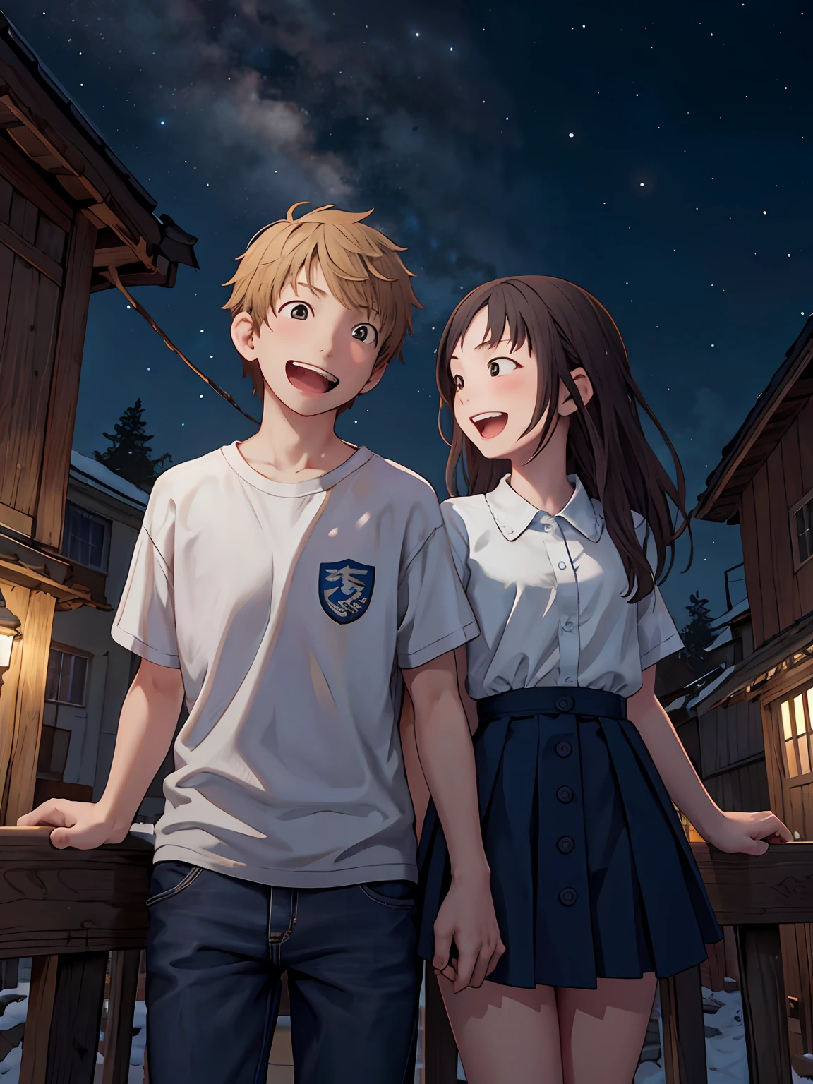 masterpiece, top-quality, age couple, nigh sky, The upper part of the body, Laughing