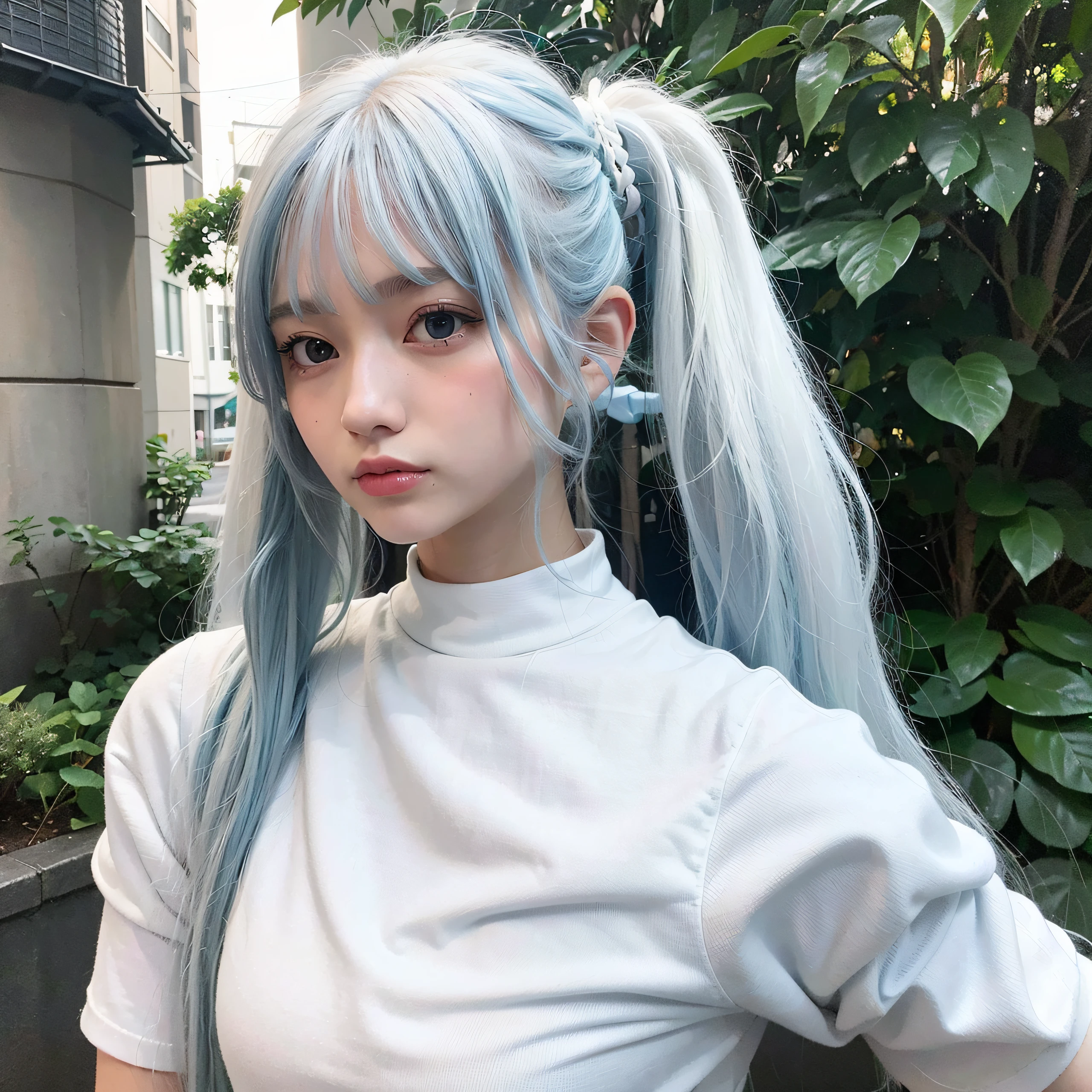 a close up of a person with long hair wearing a white shirt, white hime cut hairstyle, long  white hair, sky blue straight hair, Long white hair and bangs, Blue-white hair, Twin tail hairstyle, Silver hair (pony tails), White ponytail hair, sky blue straight hair, with long white hair, Anime girl in real life, Light blue hair, White bangs