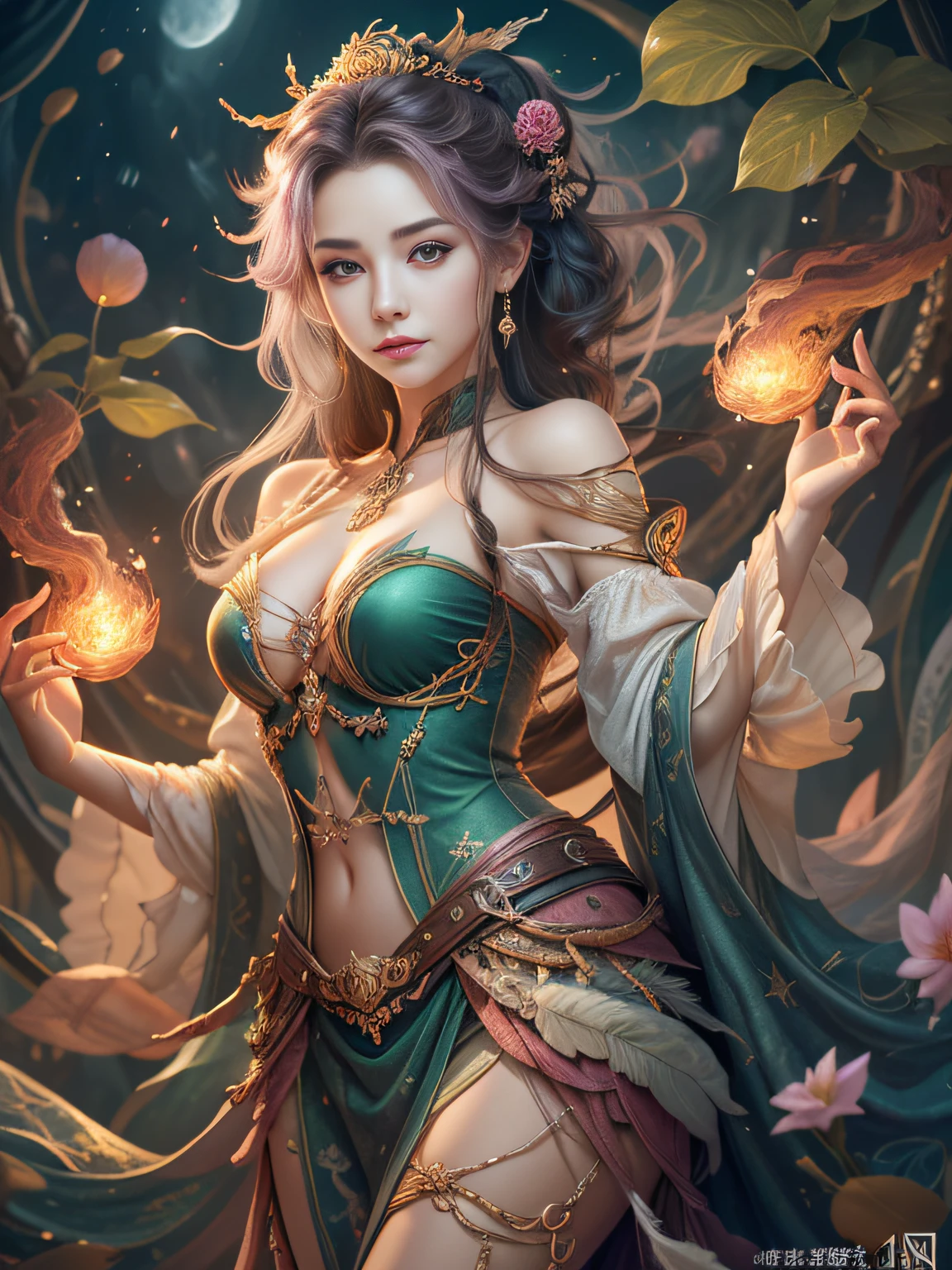 Er Jie, a girl with a smooth and dynamic posture, wearing a loose and flowing pink dress, with a mysterious expression and curly black pink hair, [Zhang Ziyi|Aishwarya Rai], bold and colorful abstract art in a modern and abstract environment, blurred background, bright lights, official art, Unity 8k wallpaper, (zentangle, mandala, tangled, tangled), intricate clothes, mid-style (whole body, from all directions, masterpiece, top quality, best quality, official art, Beauty and aesthetics: 1.2), very detailed, (fractal art: 1.1), (color: 1.1) (flowers: 1.3), highest detail, (zentangle: 1.2), (dynamic pose), (abstract background: 1.3), (shiny skin), (multiple colors: 1.4), (feathers: 1.5), dynamic angle, most beautiful chaotic forms, elegant, fauvist design, bright colors, romanticism, dark style beautiful princess of the underworld spooky bad smile complex tattoos Anime 3D Art Style 3D Dark Night Deep Black Sky Horror ((Cold Complex Skull Accessories )) (Guvez style artwork) ((Black Chinese-style underground palace with huge complex structure in background)) Leica lens Depth of field (Masterpiece, top quality, best quality, official art, Beauty and Aesthetics: 1.2), (1girl: 1.3), (Fractal Art: 1.3) (Masterpiece, Top Quality, Best Quality, Official Art, Beauty and Aesthetics: 1.2), (1girl), Extreme Detail, Colorful, Highest Detail, Official Art, Unified 8k Wallpaper, Ultra Detailed, Beautiful and Aesthetic, Beautiful, Masterpiece, Best Quality, (Zentangle, Mandala, Tangled, Entangle), Holy Light, Gold Leaf, Gold Foil Art, Glitter Drawing, PerfectNwsjMajic M Desfi masterpiece, the best quality, hair becomes fire, hair is on fire, fantasy, (Ray: 1.05), Orange Light Particles, Landscape, Fire, Beautiful and Detailed Explosion, Beautiful Detailed Glow, Flame Burning Around, Flame Burning Around, Fire Feather, Burning, (Burning Forest: 1.34), (Bare Trees: 1.05), Ash, (Red Sun: 1.05), (Flame Around Character: 1.1), Solo, Crazy Smile, (Detail: 1.05), High Resolution Illustration, Radiant Skin, Colorful, (Ultra Fine: 1.1), (Illustration: 1.05), (Detail Light: 1.05), (Extremely Delicate Beauty: 1.1), Beautiful Detail Girl, Depth of Field, white_long_hair, orange_eyes, eyelashes, dark eyelashes, eyeliner, soft glowing eyes, (masterpiece, top quality, best quality, official art, beauty and aesthetics: 1.2), (1girl: 1.3), very detailed, (fractal art: 1.1), (color: 1.1) (flowers: 1.3), most detailed, (zentangle: 1.2), (dynamic pose), ( abstract background:1.3), (shiny skin), (many colors:1.4), ,(earrings), (feathers:1.5), (flamethrower:1.3), red background, phoenix skirt, (masterpiece, top quality, best quality, official art, Beauty and Aesthetics: 1.2), (1girl: 1.3), (fractal art: 1.3), Masterpiece, (Best quality: 1.2), (Ultra Fine: 1.2), Illustration, (Extremely delicate and beautiful: 1.2), Cinematic angle, floating, (Beautiful detail eyes: 1.1), (Detail light: 1.1), Cinematic lighting, exquisite sky, woman, white hair, blue eyes, (high ponytail: 1.1), cape, glowing eyes, (moon: 1.2), (moonlight: 1.1), starry sky, (light particles: 1.1), fog, snow painting, sketching, blooming,anime girl in white dress with flowing hair and stars, Guvez style artwork, fantasy art style, beautiful digital artwork, beautiful character painting, Yang J, beautiful digital illustration, stunning digital illustration, 8k high quality detail art, li song, guvitz, digital fantasy art), beautiful fantasy art, trending on cgstation, (masterpiece, top quality, best, official art, beautiful and aesthetic, Long exposure: 1.2), smooth movement, charming pattern, 1 girl, (long skirt with sleeves: 1.3), upper body close-up, no shoulders, chinese girl, blush, black lob hair, portrait, solo, upper body, gaze observer, detailed background, detailed face, (crystallineAI, crystalline theme:1.1), elemental wood sprite, rotating leaves, controlling leaves, emerald clothes, dynamic pose, floating particles, Ethereal Power, Leaves, Steam, Forest in Background, Green Tones, Forest, Ethereal Atmosphere, Official Art, Unified 8k Wallpaper, Ultra Detailed, Beautiful and Aesthetic, Masterpiece, Best Quality, (Zentangle, Mandala, Tangled, Entangled), (Fractal Art: 1.3), 1girl, Very Detailed, Dynamic Angle, Cowboyshot, Most Beautiful Forms Chaotic, Elegant, Fauvist Design, Bright Colors, Romanticism, James Jean, Robbie Devi Antono, Ross Tran, Francis Bacon, Michal Mraz, Adrian Ganey, Petra Cortwright, Gerhard Richter, Takashi Yamamoto, Ashley Wood, atmospheric, ecstatic notes, flow notes visible, -V6 --q2 ---s750