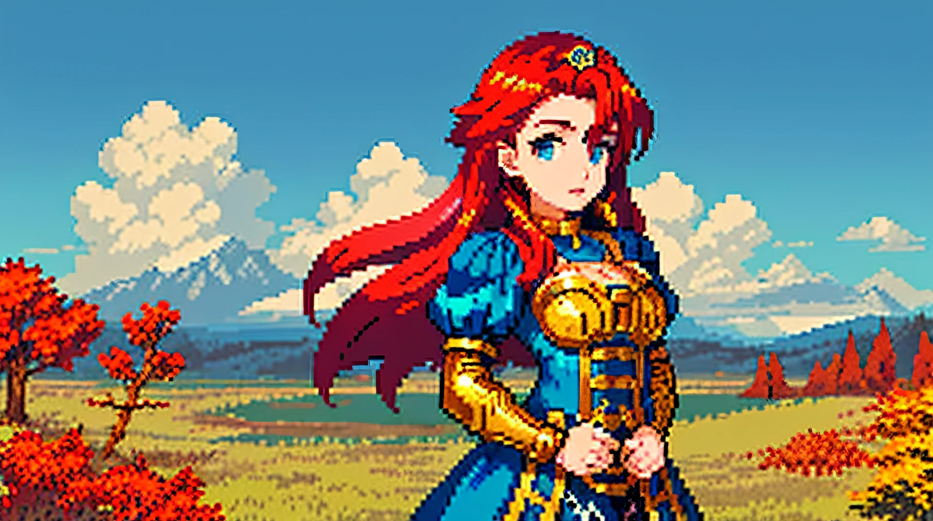 pixelart, 1 girl, viking hair, red hair, upper body, looking for viewer, cute, blue dress, golden acessories, shiny blue eyes, masterpiece, detailed, lofi environment, autumn landscape, day, smooth