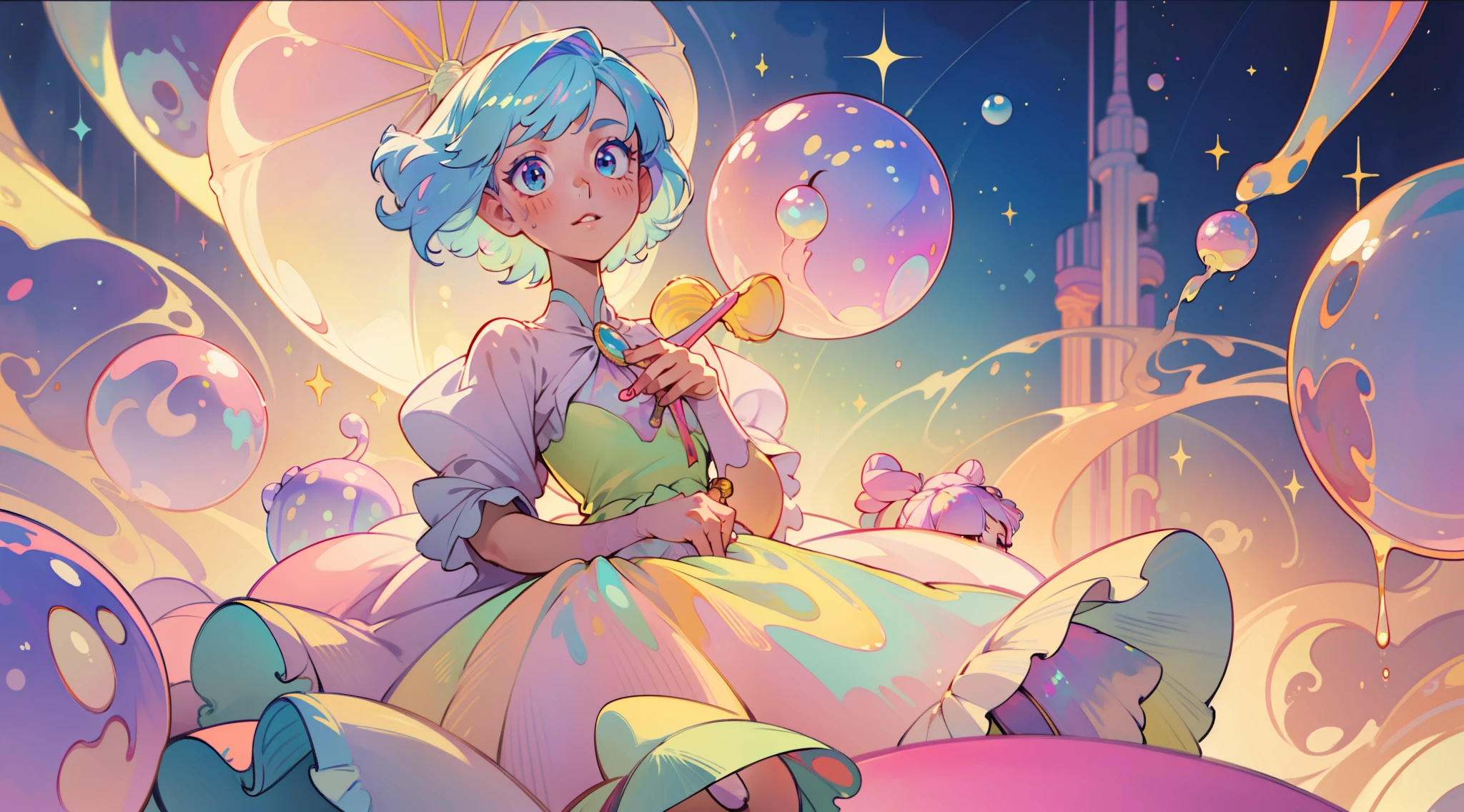 masterpiece, best quality, 8k resolution, sharp focus, intricate detail, beautiful girl, sparkling eyes, golden ratio face, otherworldly liquid, watercolor, ((pastel colors)), bright colors, whimsical, colorful, sharp focus, high resolution, fine detail, ((layered ballgown)), iridescent bubbles