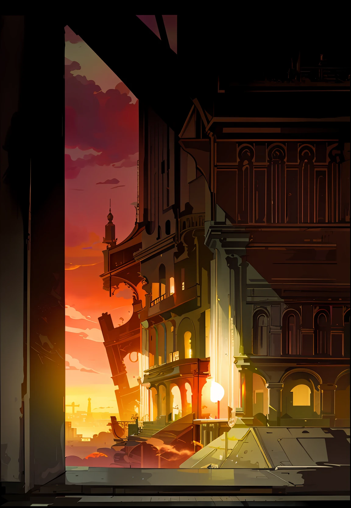 There is a photo of the building in the sunset, arte de fundo,dramatic lights. concept-art, background artwork,, anime style cityscape, Roman architectural style，Ancient Rome, rich details​.Complicated details, waterface，water flowing