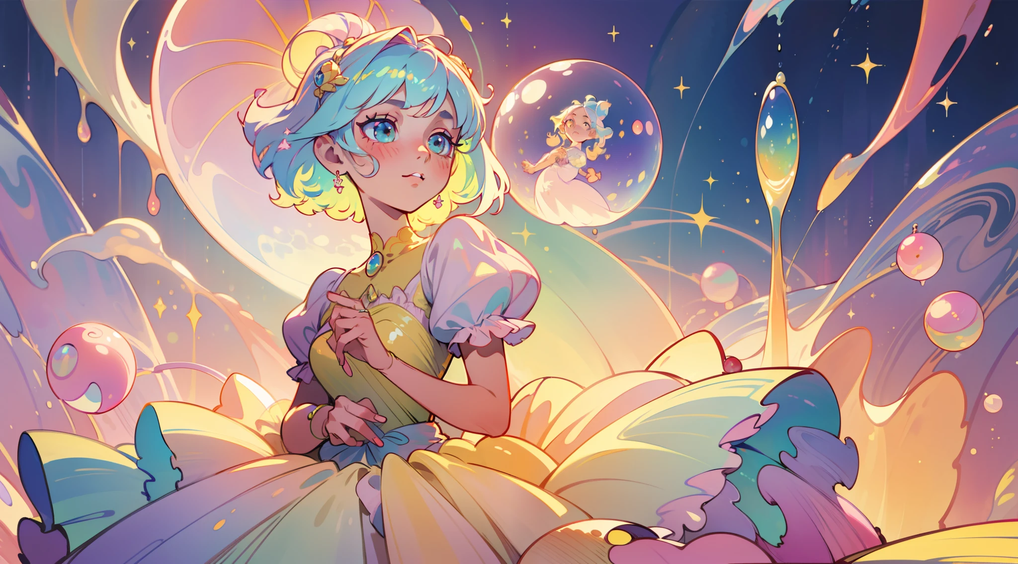 masterpiece, best quality, 8k resolution, sharp focus, intricate detail, beautiful girl, sparkling eyes, golden ratio face, otherworldly liquid, watercolor, ((pastel colors)), bright colors, whimsical, colorful, sharp focus, high resolution, fine detail, ((layered ballgown)), iridescent bubbles