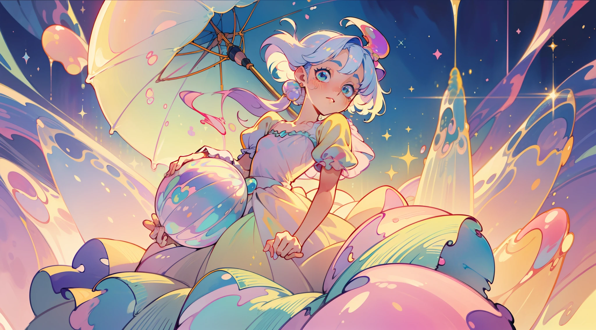 masterpiece, best quality, 8k resolution, sharp focus, intricate detail, beautiful girl, sparkling eyes, golden ratio face, otherworldly liquid, watercolor, ((pastel colors)), bright colors, whimsical, colorful, sharp focus, high resolution, fine detail, ((layered ballgown)), iridescent bubbles