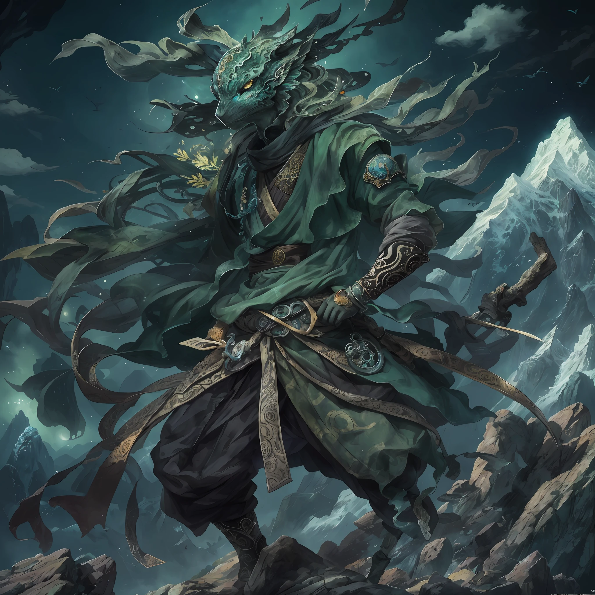 mystic ninja,Detailed face,Detailed eyes,Clear eyes,Gui Zen,Exotic beasts of mountains and seas,Dark green and black details, Loose and thick clothing covers the body,standing on cliff,Bask in the luxury of Yoshitaka Amano in the moonlight,fanciful,sci-fy,the complex background(full bodyesbian),((dynamicposes)),Colorful wallpapers,Highly detailed,Masterpiece,best qualtiy,art stations
