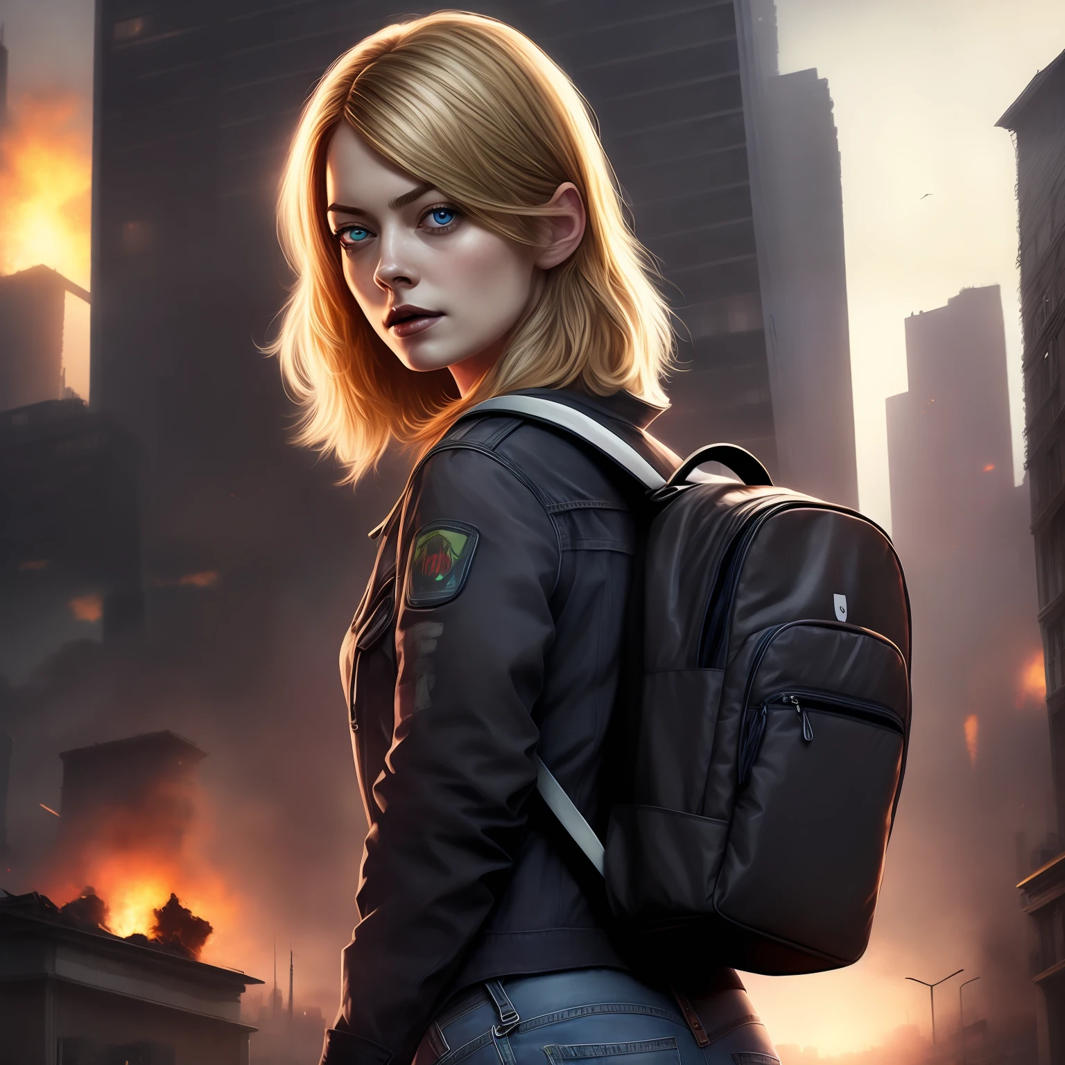 Emma_Stone, Blonde Hair, Short Medium Hair, tight jeans, black jacket, crowbar on left hand, the last of us city, perfect body, ass and boobs, backpack, zombie apocalipse