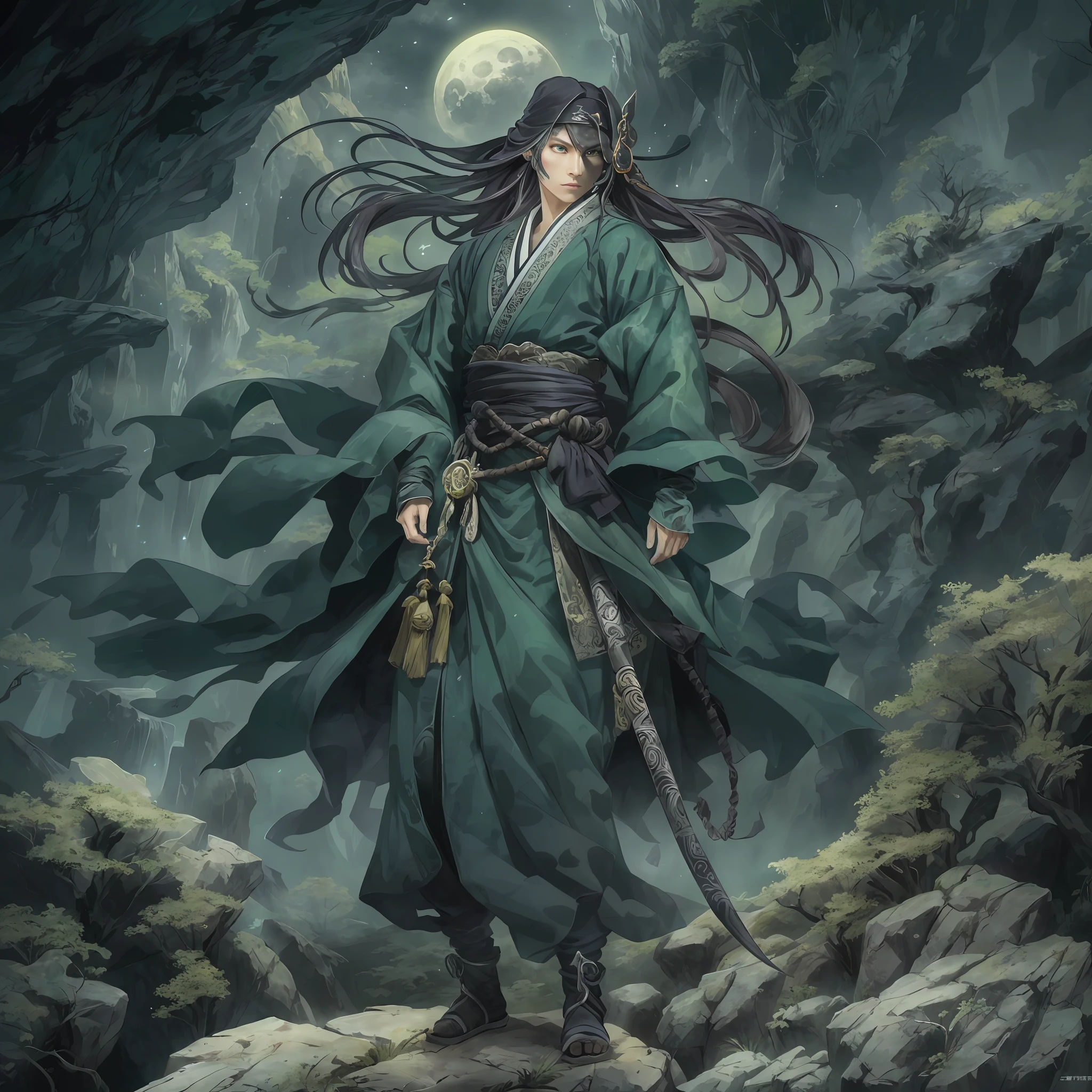 mystic ninja，Detailed face，Detailed eyes，Clear eyes，Gui Zen，Exotic beasts of mountains and seas，Dark green and black details, Loose and thick clothing covers the body，standing on cliff，Bask in the luxury of Yoshitaka Amano in the moonlight，fanciful，sci-fy，the complex background（full bodyesbian），((dynamicposes))，Colorful wallpapers，Highly detailed，Masterpiece，best qualtiy，art  stations